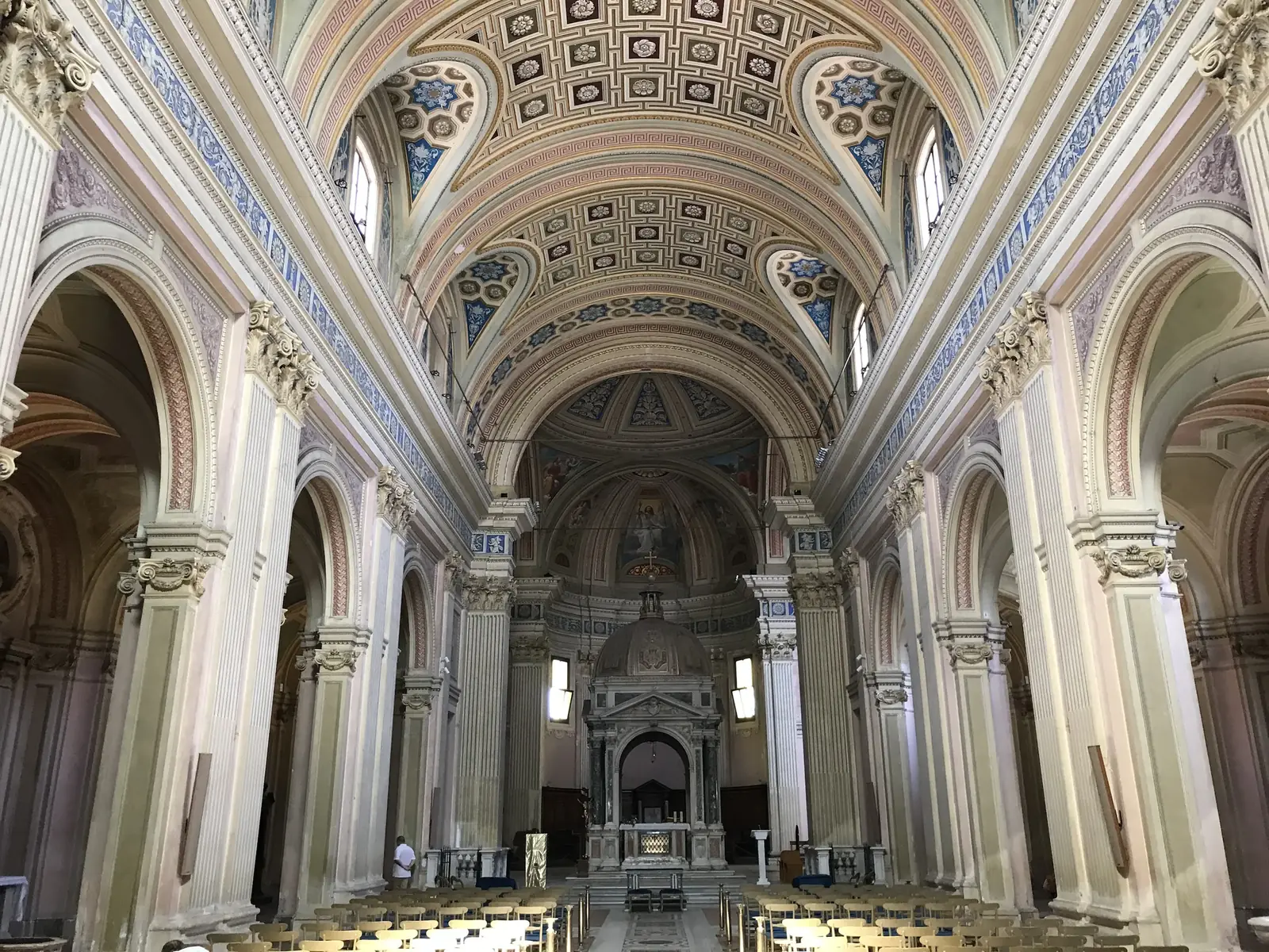 Ornate baroque nave with a coffered ceiling in the church of Santi Bonifacio e Alessio.