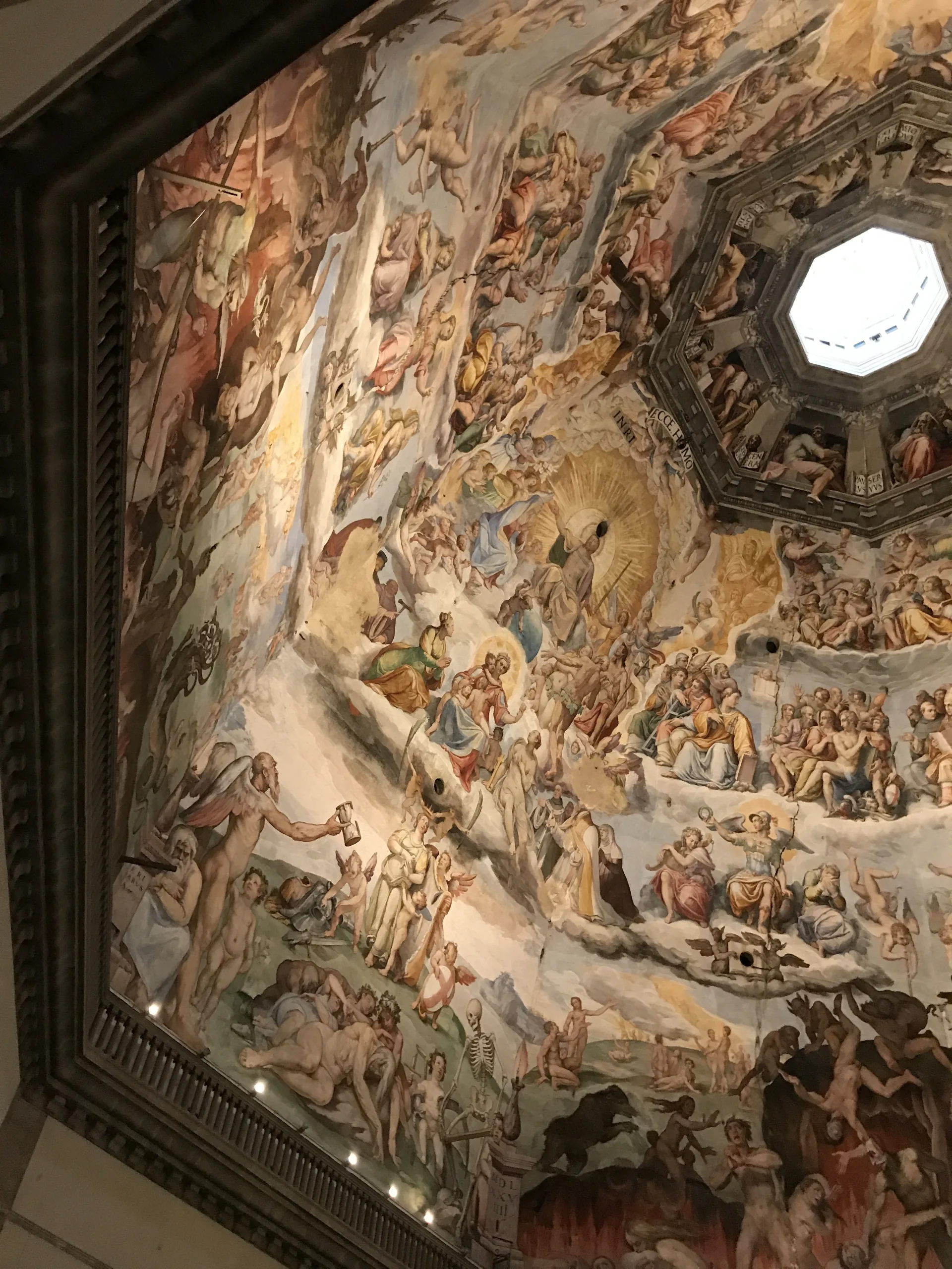 A close view of the Last Judgment fresco inside the dome, tiers of the blessed and the saints