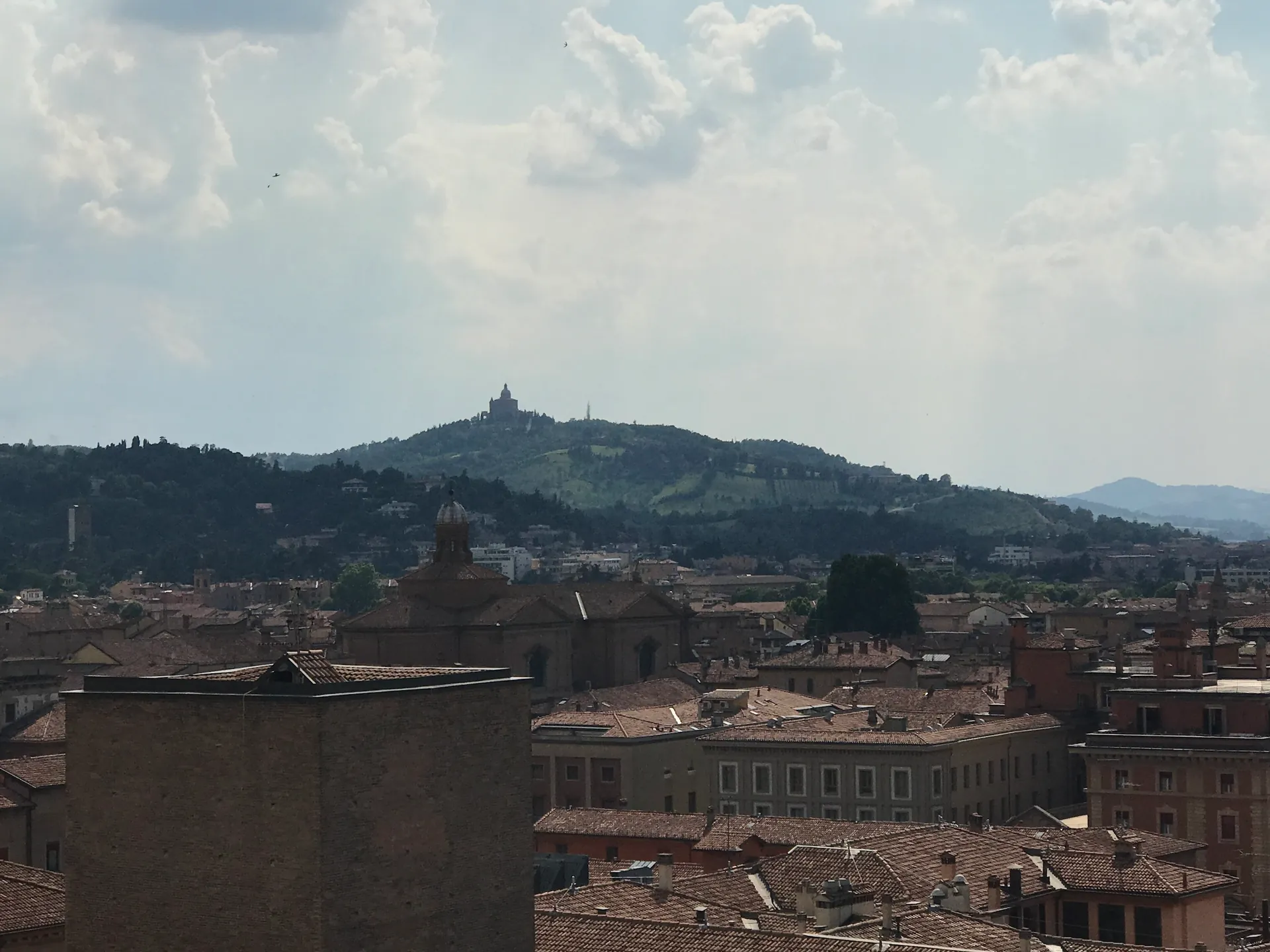 Distant hill of the San Luca sanctuary seen beyond Bologna from the bell tower.