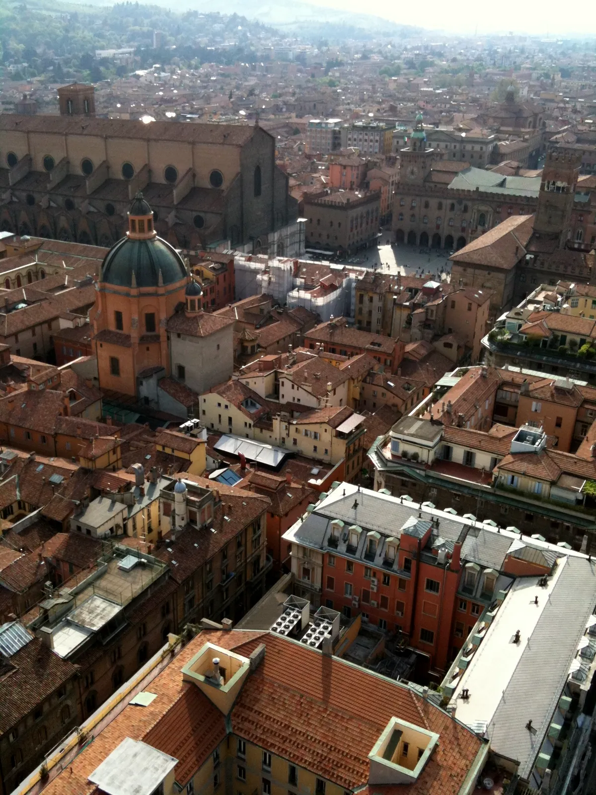 Bologna rooftops with a church dome and green hills seen from the tower top.