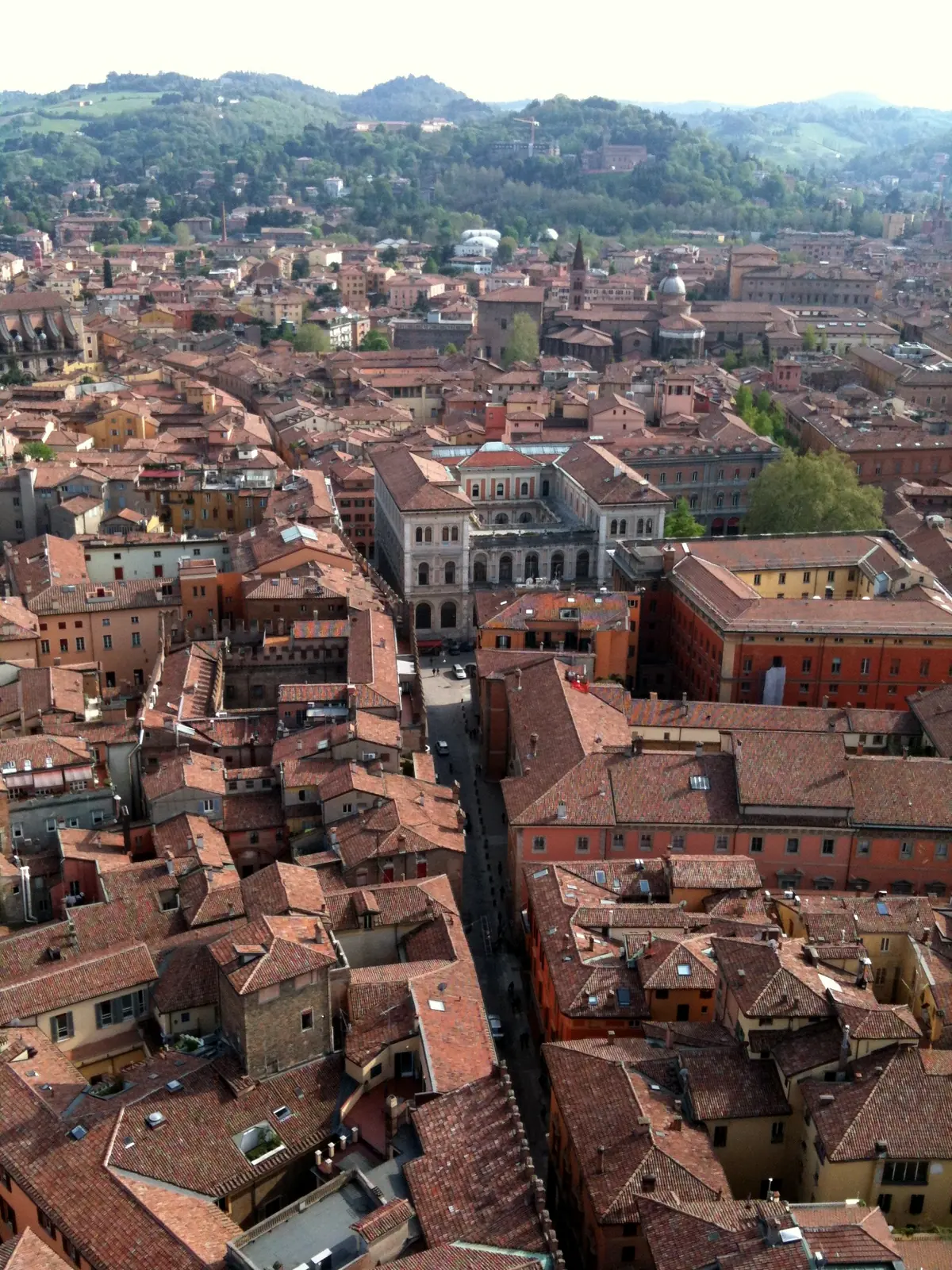 View over Bologna's red tile rooftops from the top of the Asinelli tower.