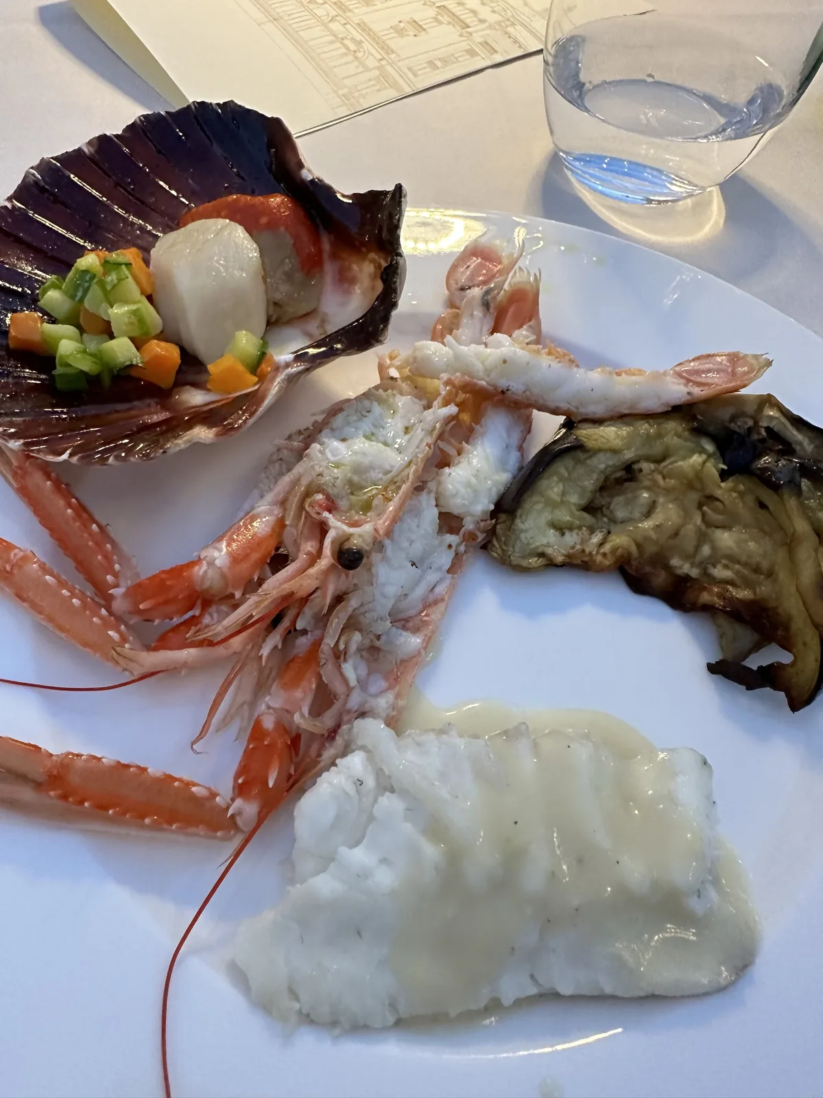 Seafood plate with langoustine and scallop from the Grand Hotel Rimini beach buffet