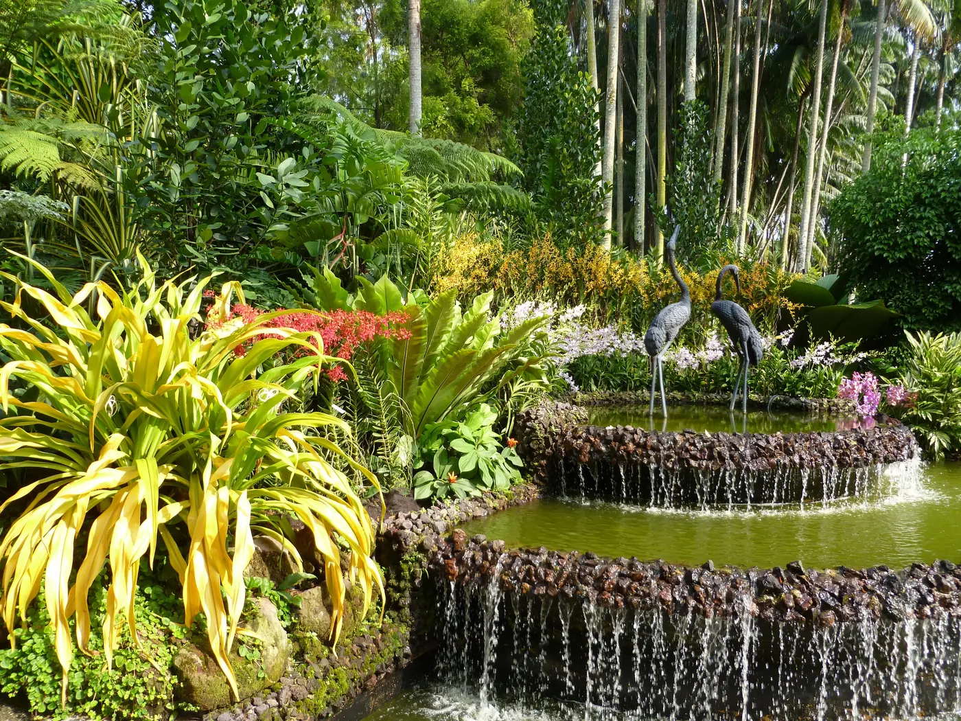 A tiered fountain with a bronze crane sculpture in the National Orchid Garden