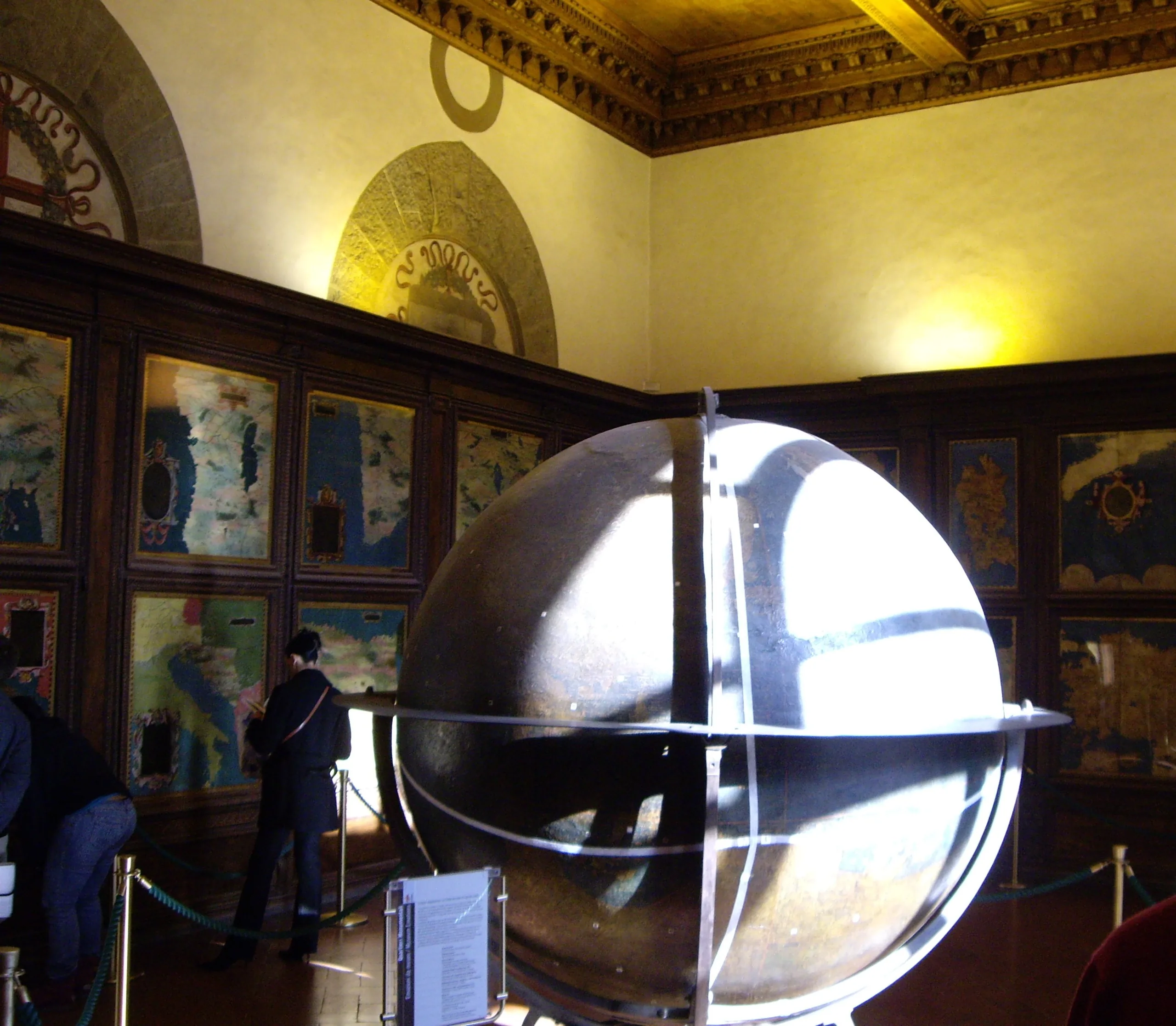 The great globe in the Hall of Geographical Maps at the Palazzo Vecchio, ringed by painted map panels