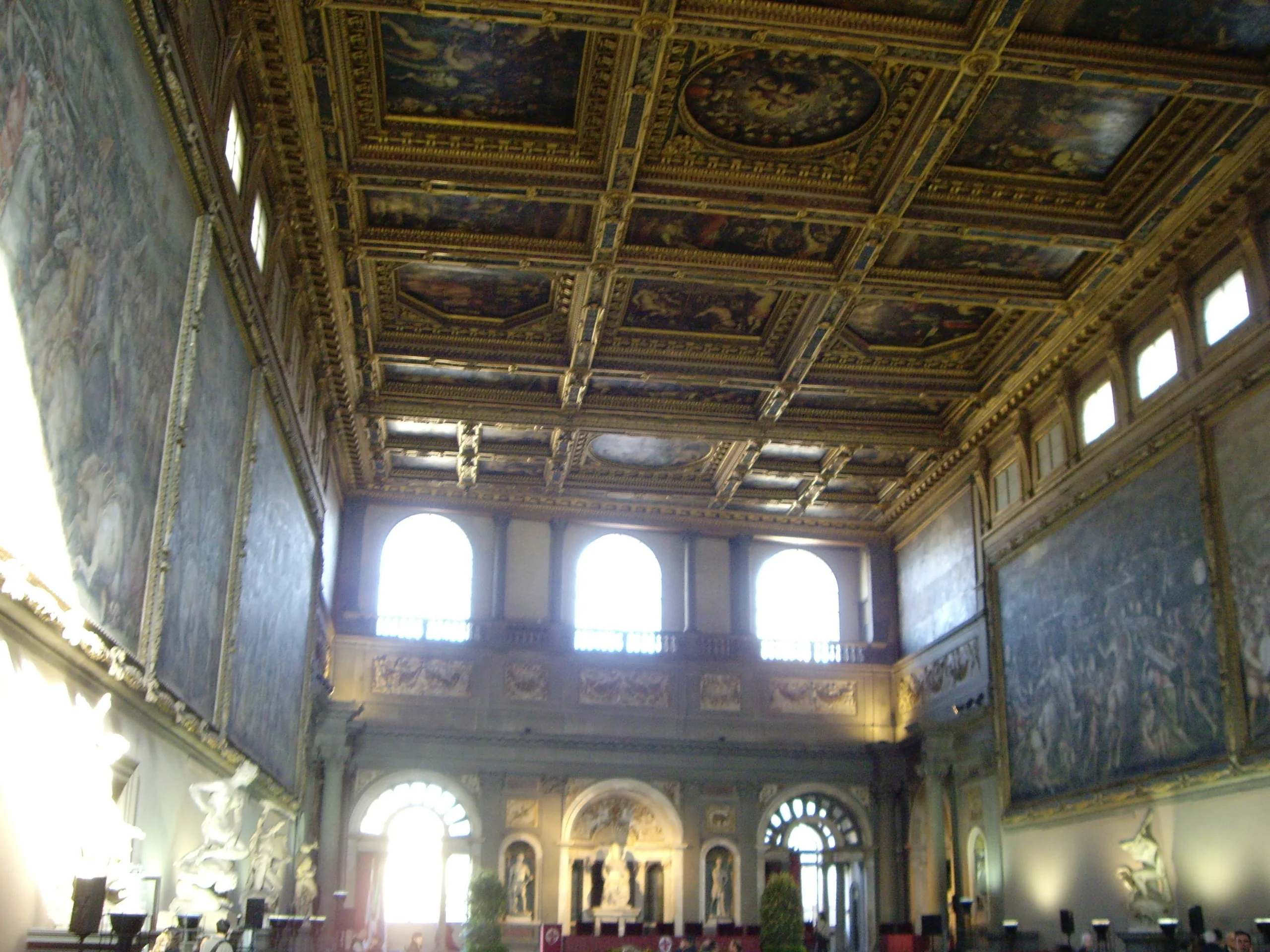 The Salone dei Cinquecento in the Palazzo Vecchio, the vast council hall under Vasari's coffered and painted ceiling