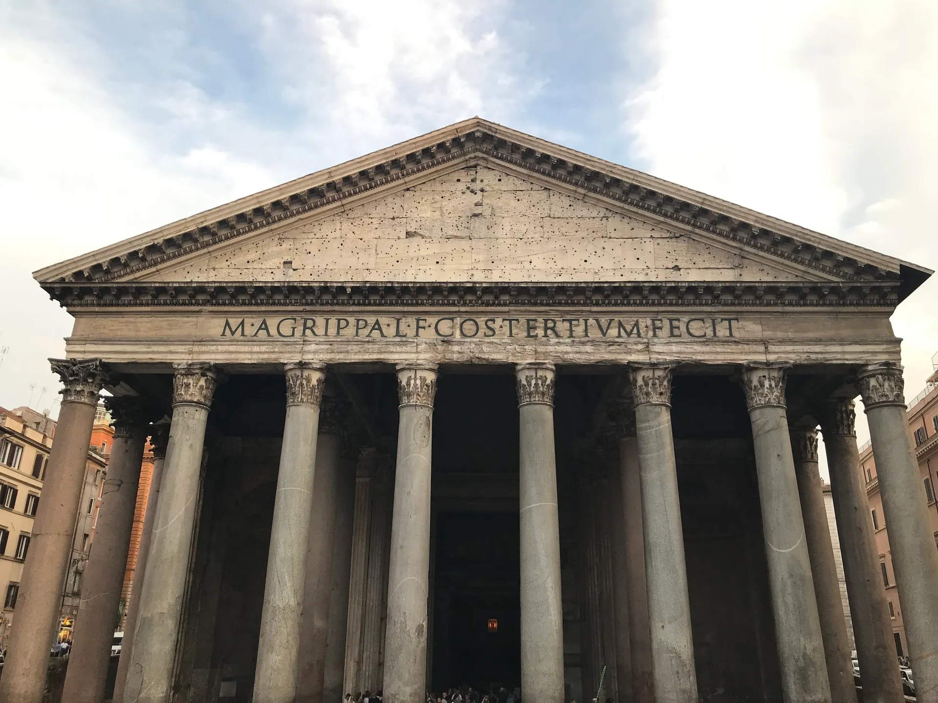 Front facade of the Pantheon at dusk with the M. Agrippa inscription across the frieze