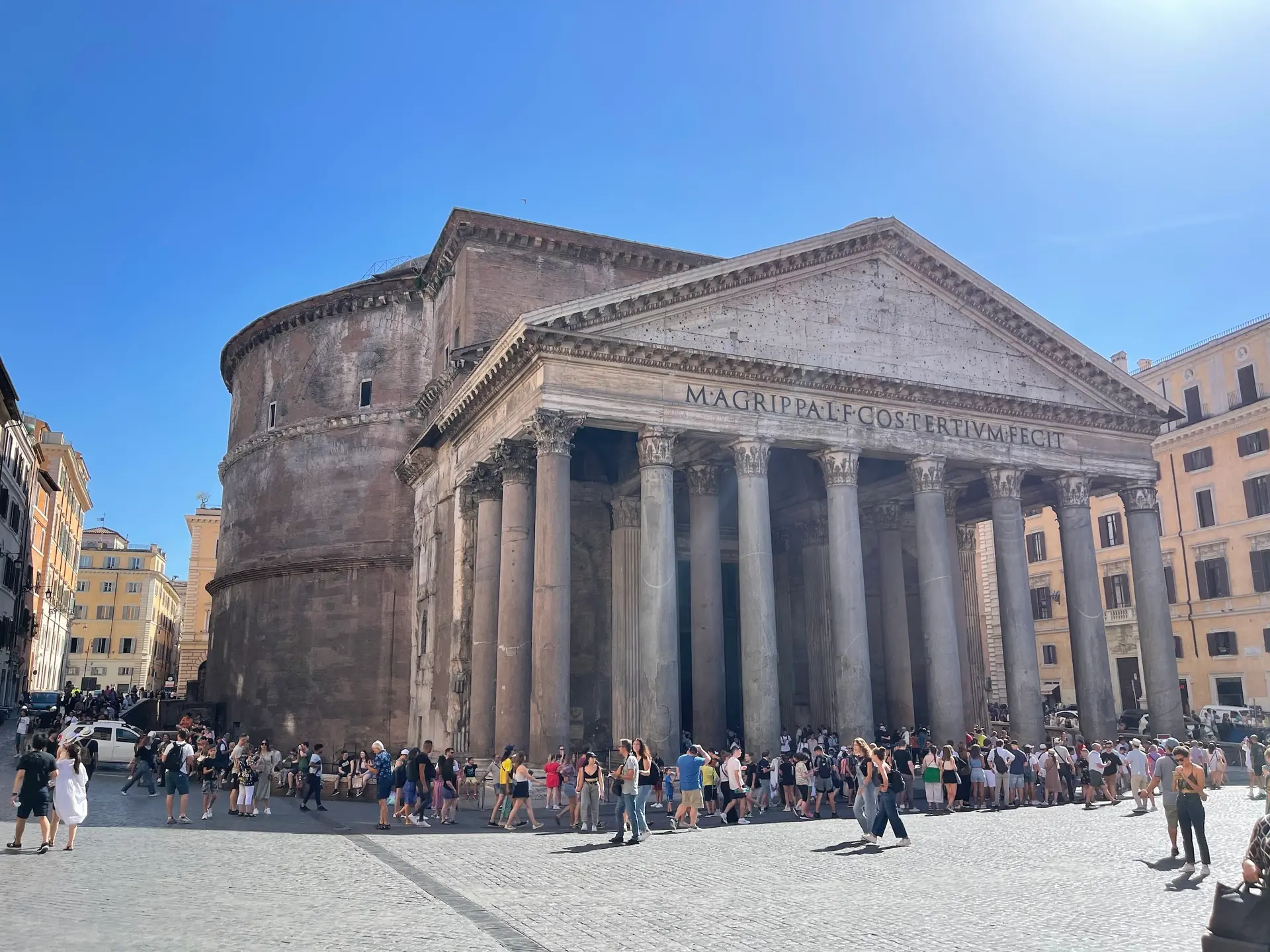 The Pantheon seen across Piazza della Rotonda on a sunny day, portico and rotunda in full view