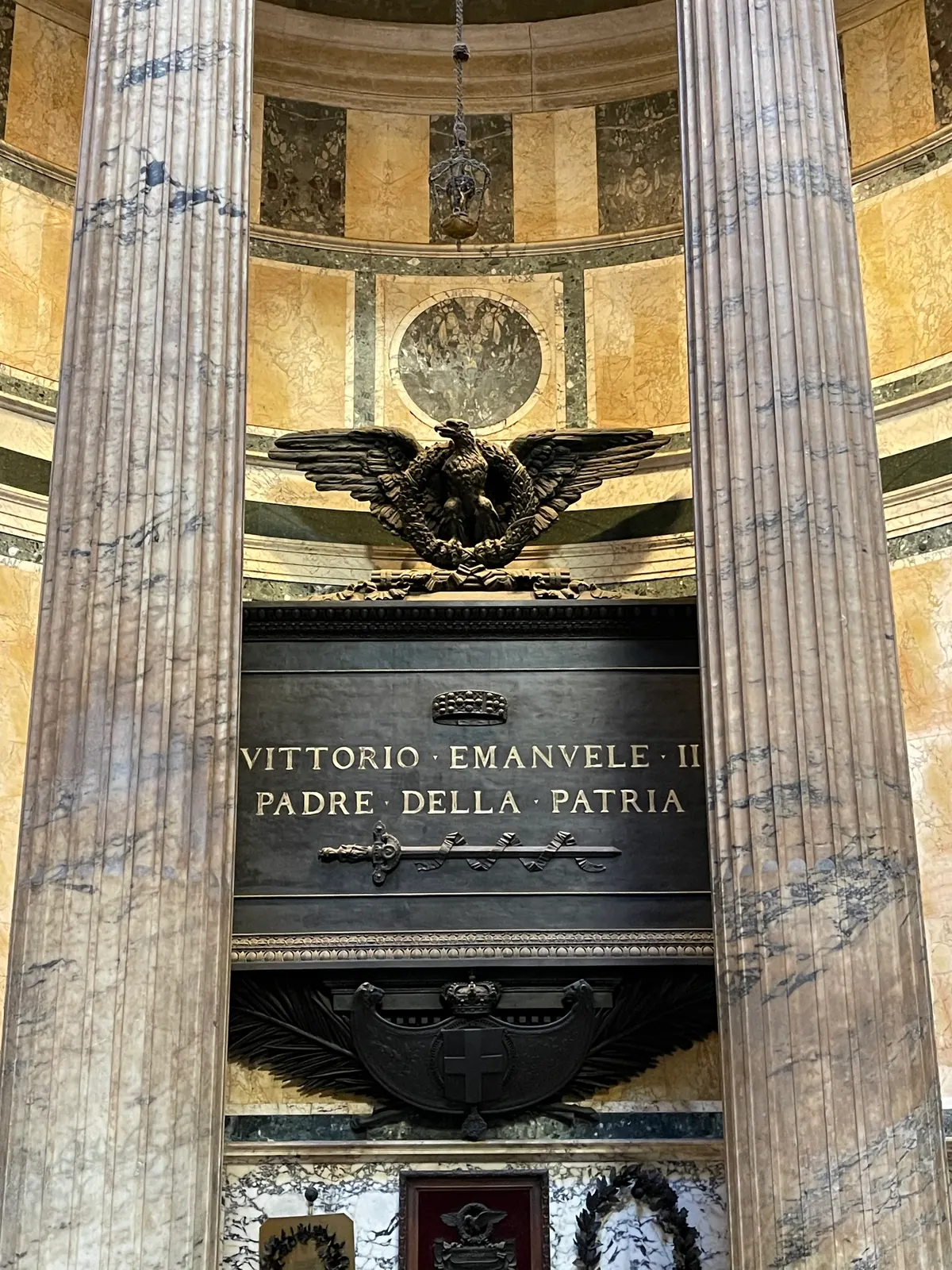 Tomb of Victor Emmanuel II in the Pantheon with bronze eagle and Padre della Patria plaque