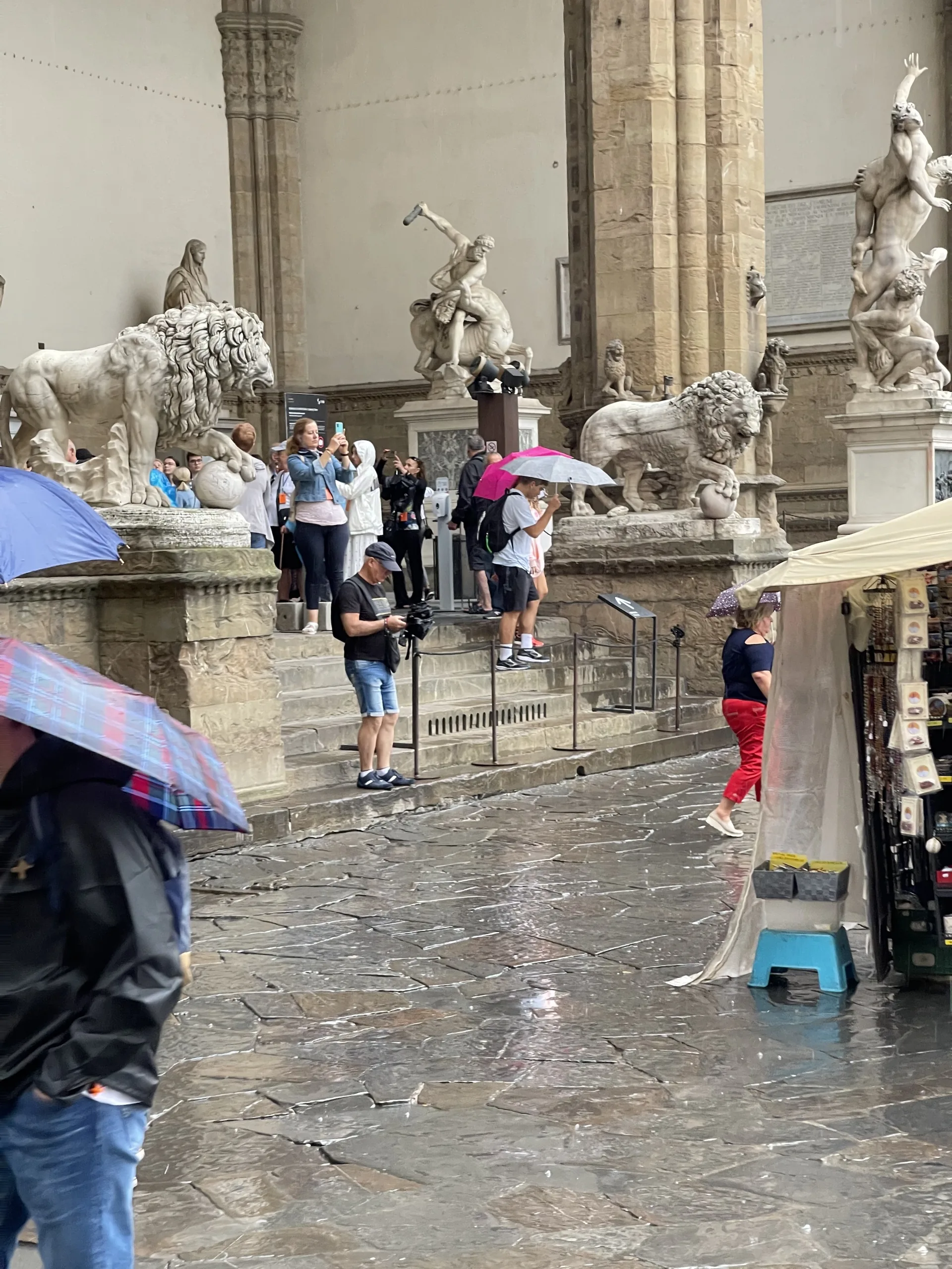 The sculpture groups and Medici lions under the Loggia dei Lanzi, an open-air gallery on the square
