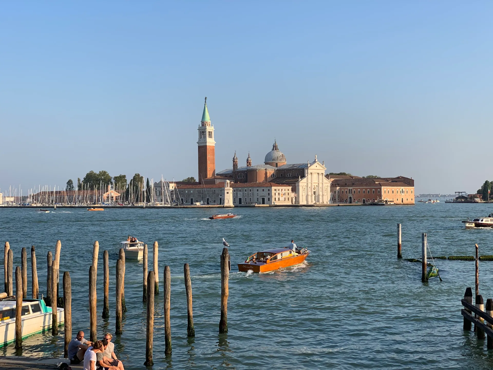 San Giorgio Maggiore across St Mark's Basin with its brick campanile and white facade