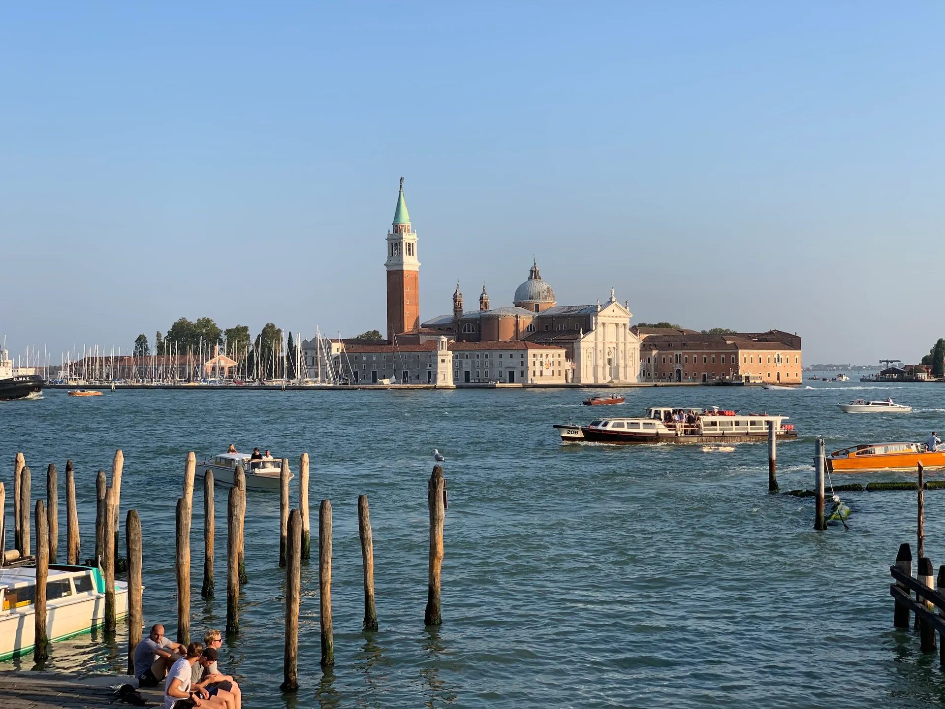 San Giorgio Maggiore seen across the basin with a vaporetto in front