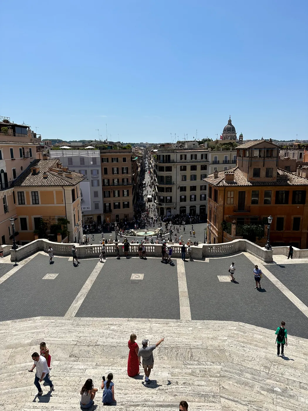 View from the top of the Spanish Steps over Piazza di Spagna and the rooftops.