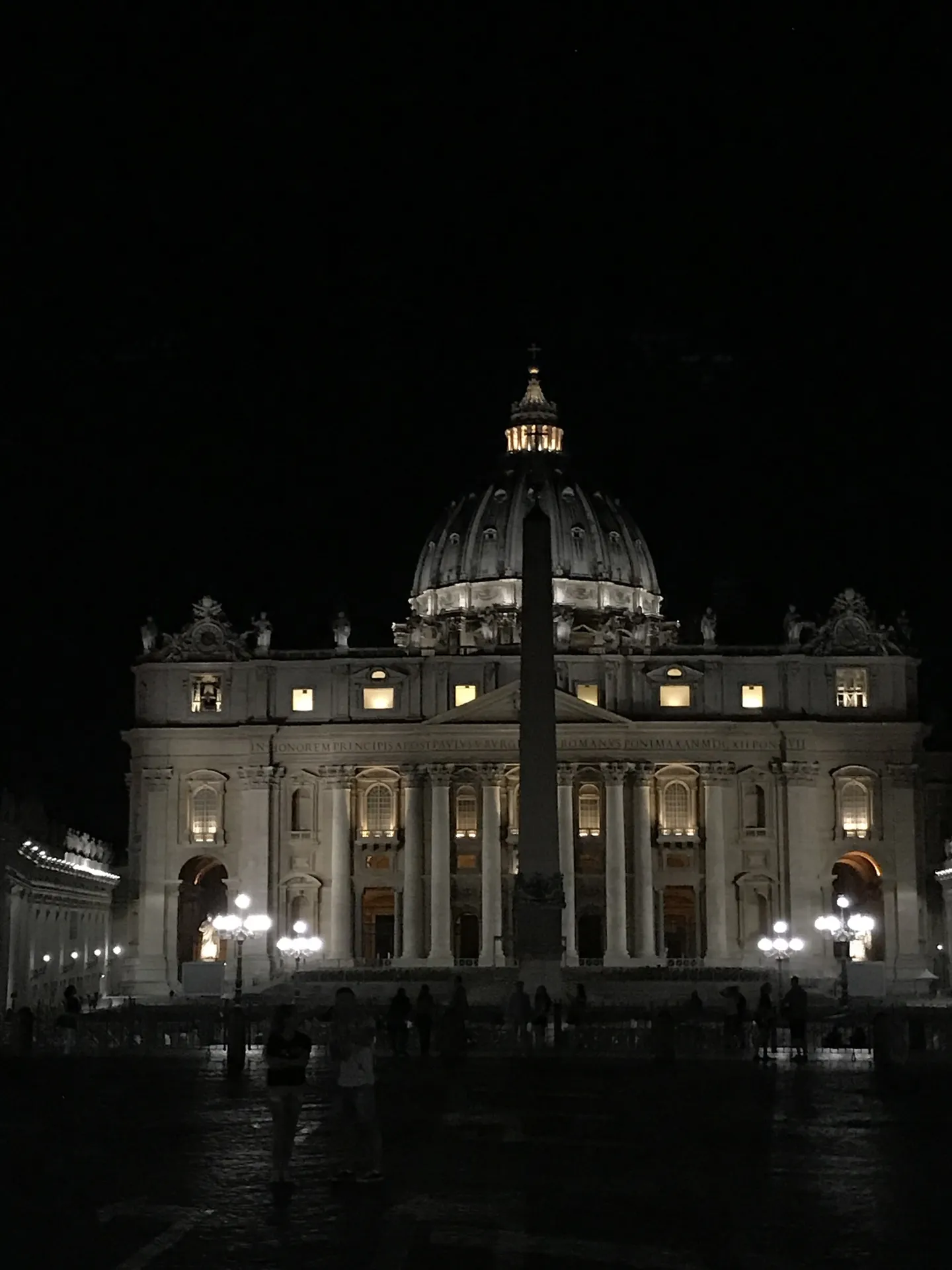 The illuminated dome and obelisk of St. Peter's Basilica at night