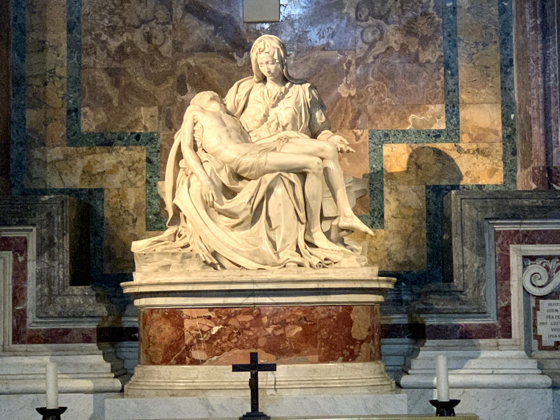 The face of the Virgin Mary in Michelangelo's Pieta, looking downward
