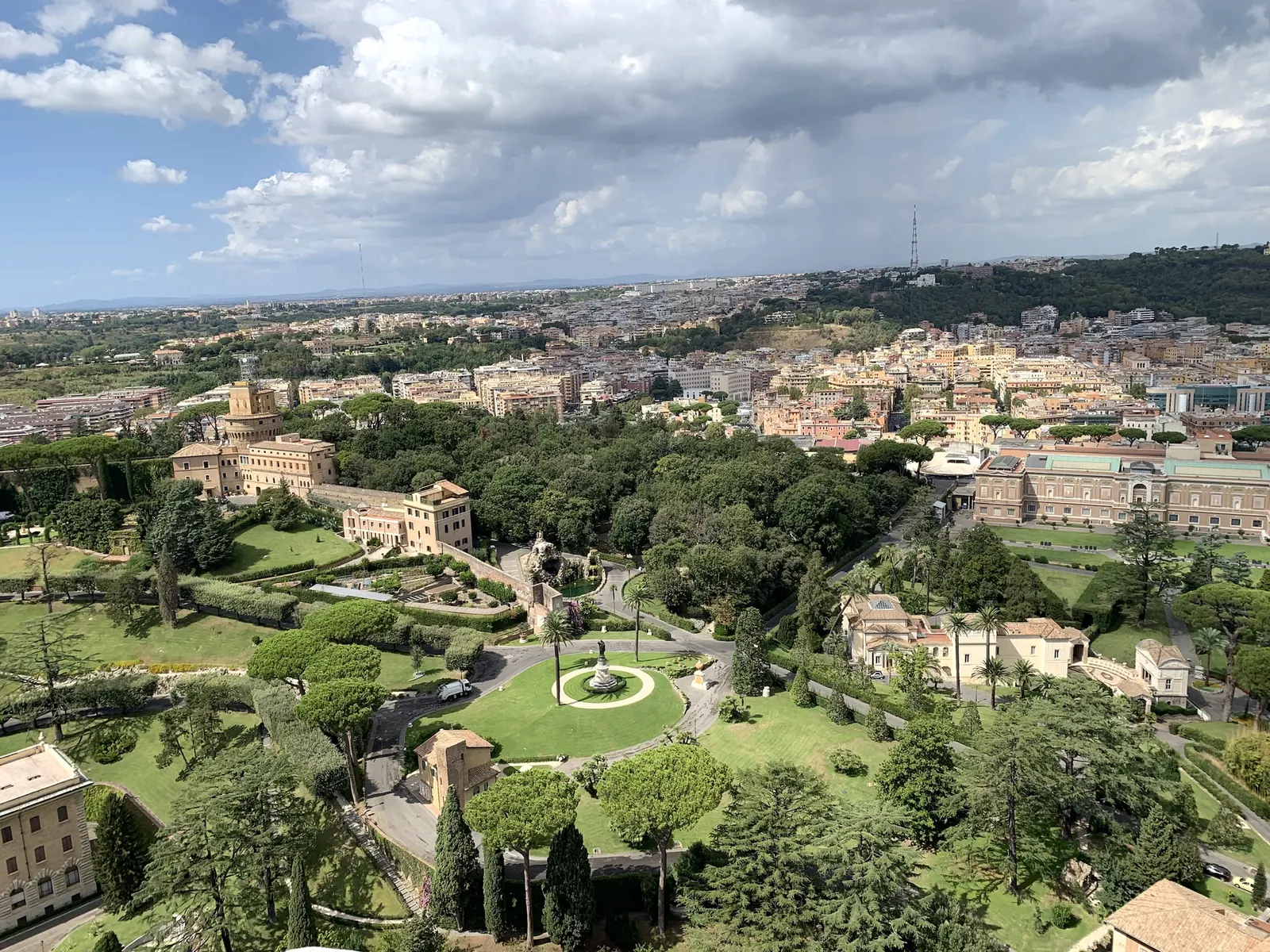 The wooded Vatican Gardens behind St. Peter's seen from the dome