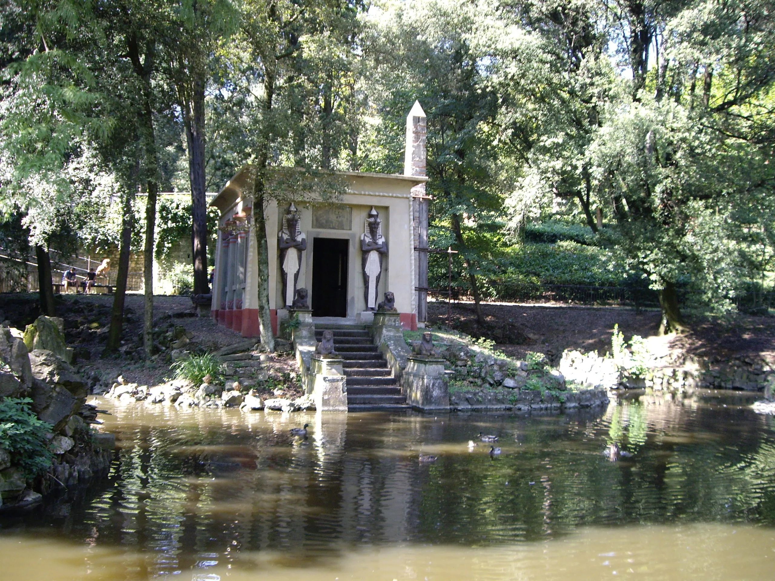 The Egyptian temple seen across the lake in the Stibbert park