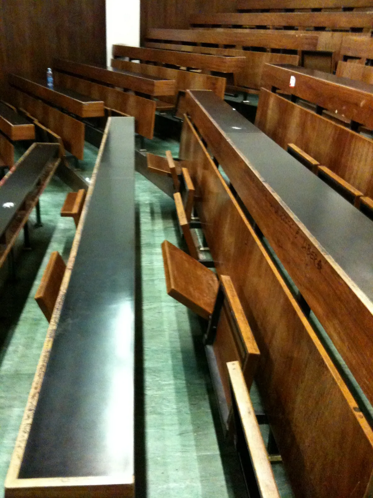 Long wooden benches and desks receding in a University of Bologna hall.