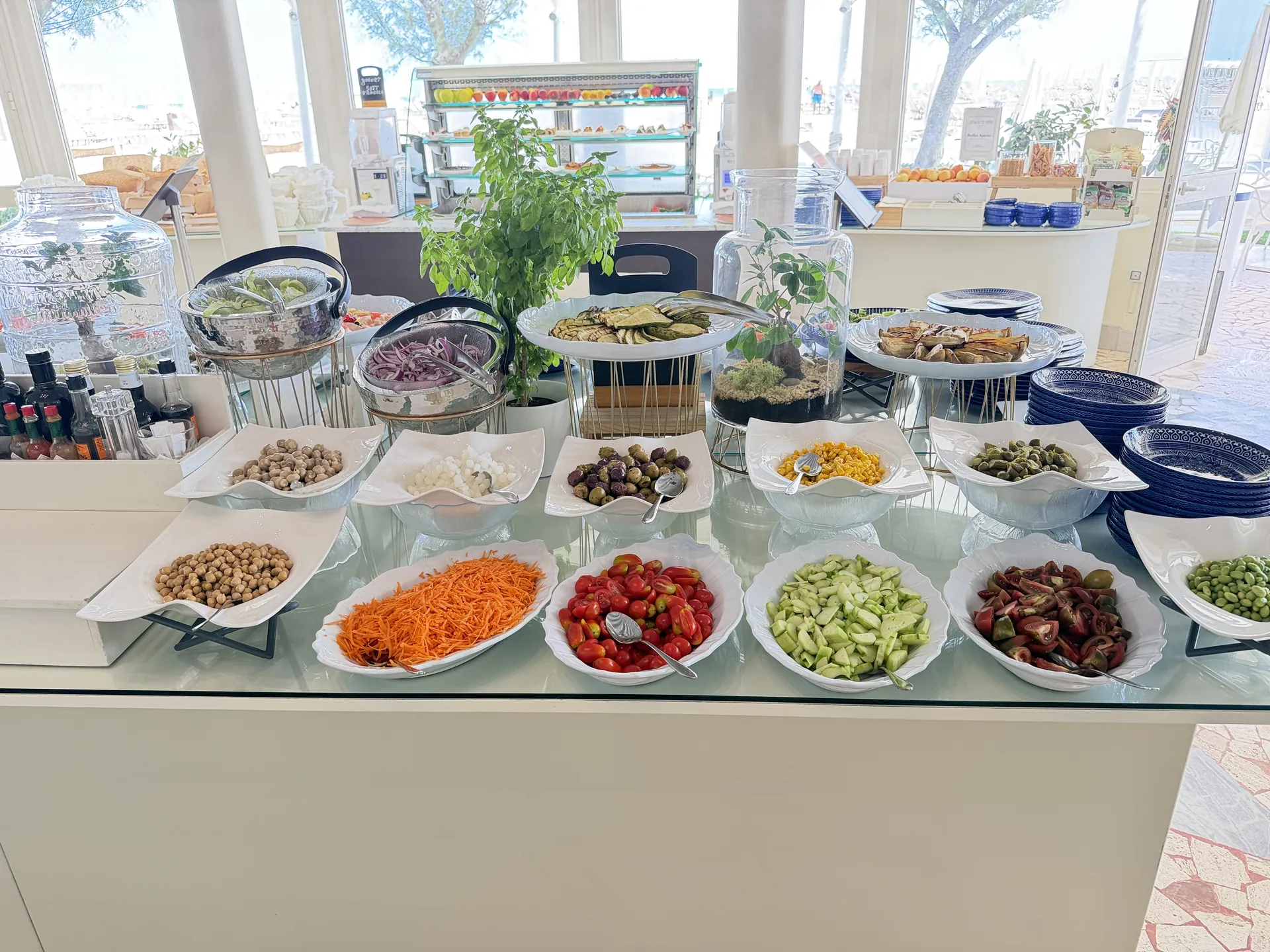 Chickpeas, grated carrot, tomatoes and olives on the beach buffet, the sea behind