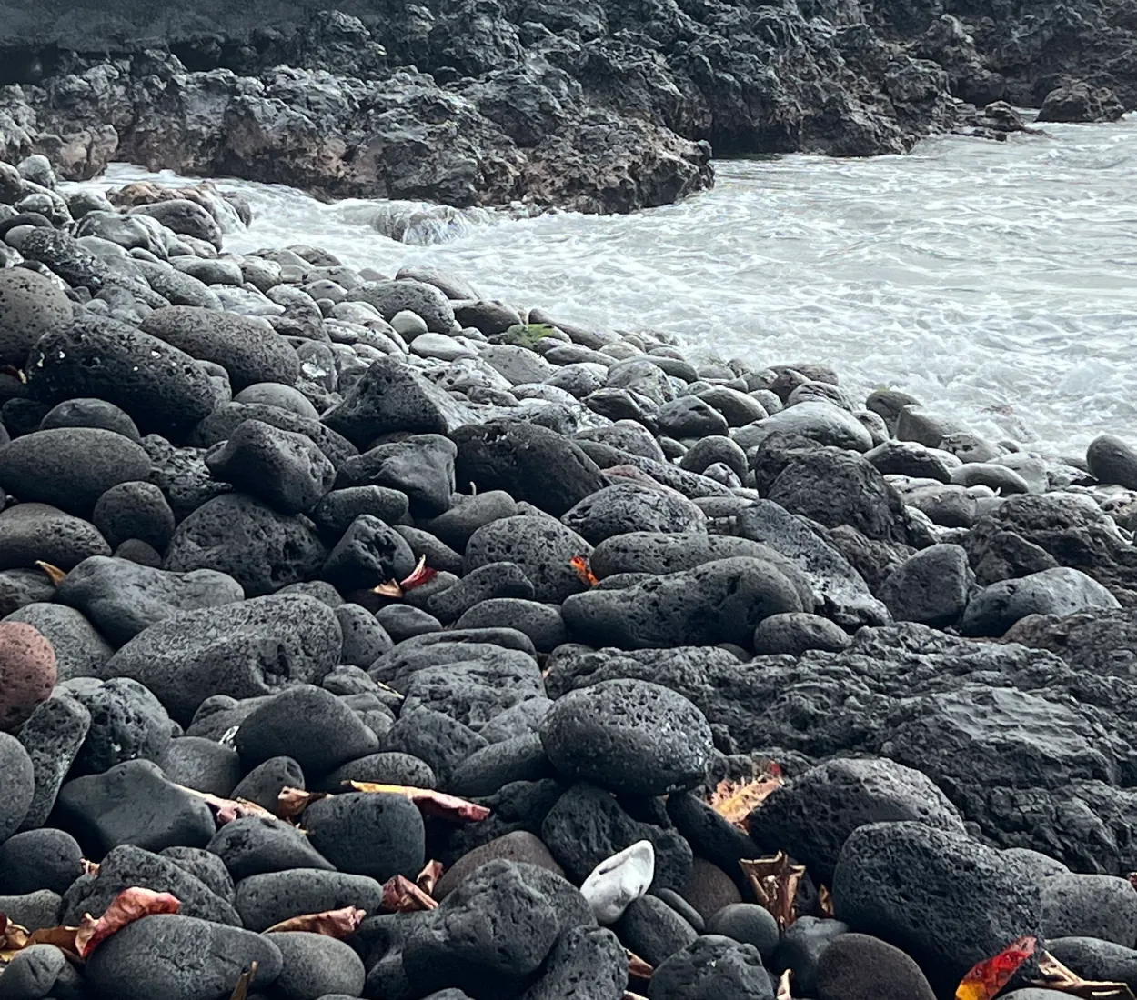 Rounded black lava boulders and surf on the shore at Napoopoo