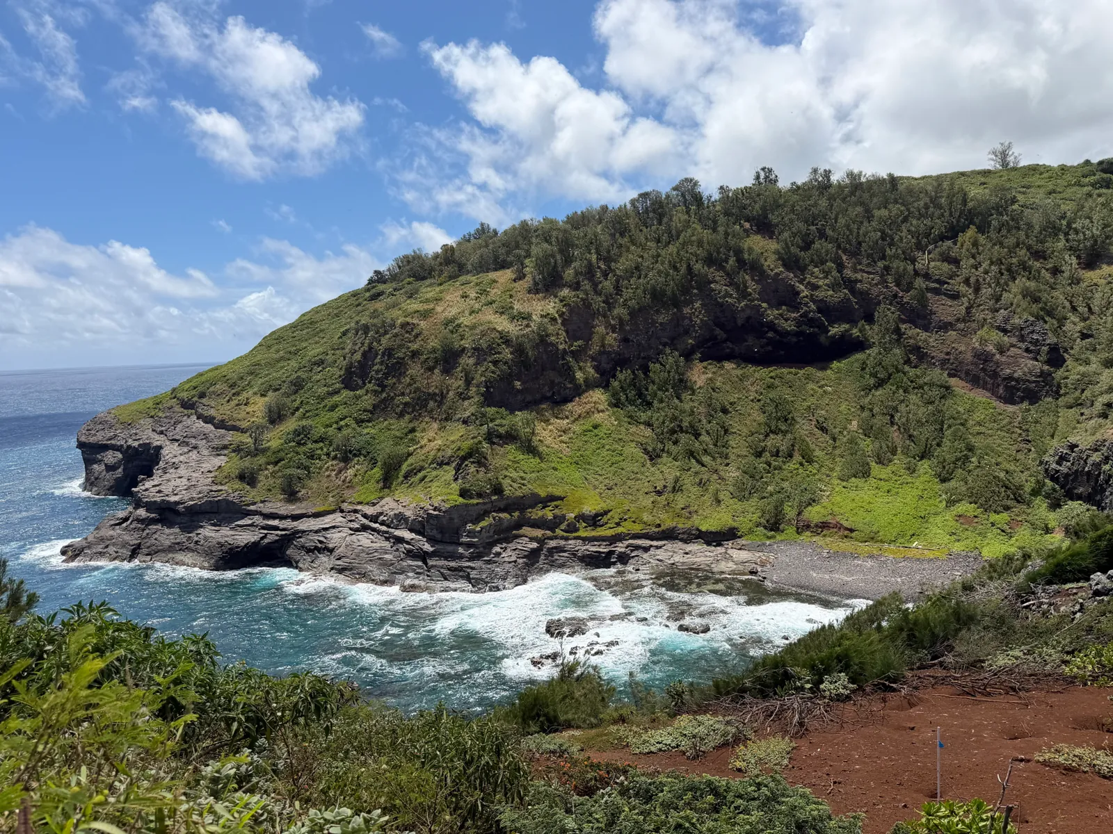 Surf breaking on rugged green sea cliffs below Kilauea Point on Kauai's north shore