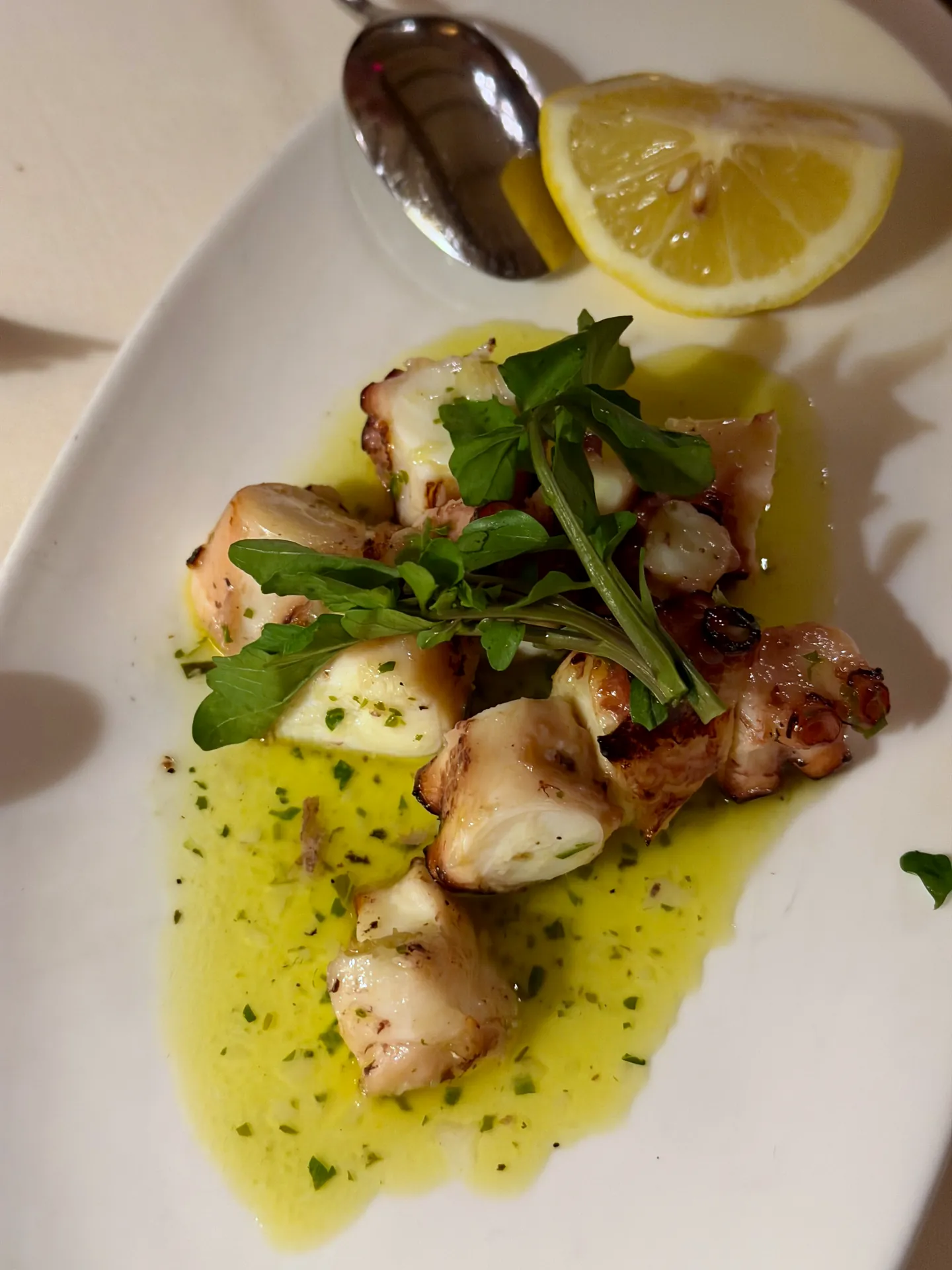 Grilled octopus on a white oval plate with olive oil, herbs, greens and a lemon wedge.