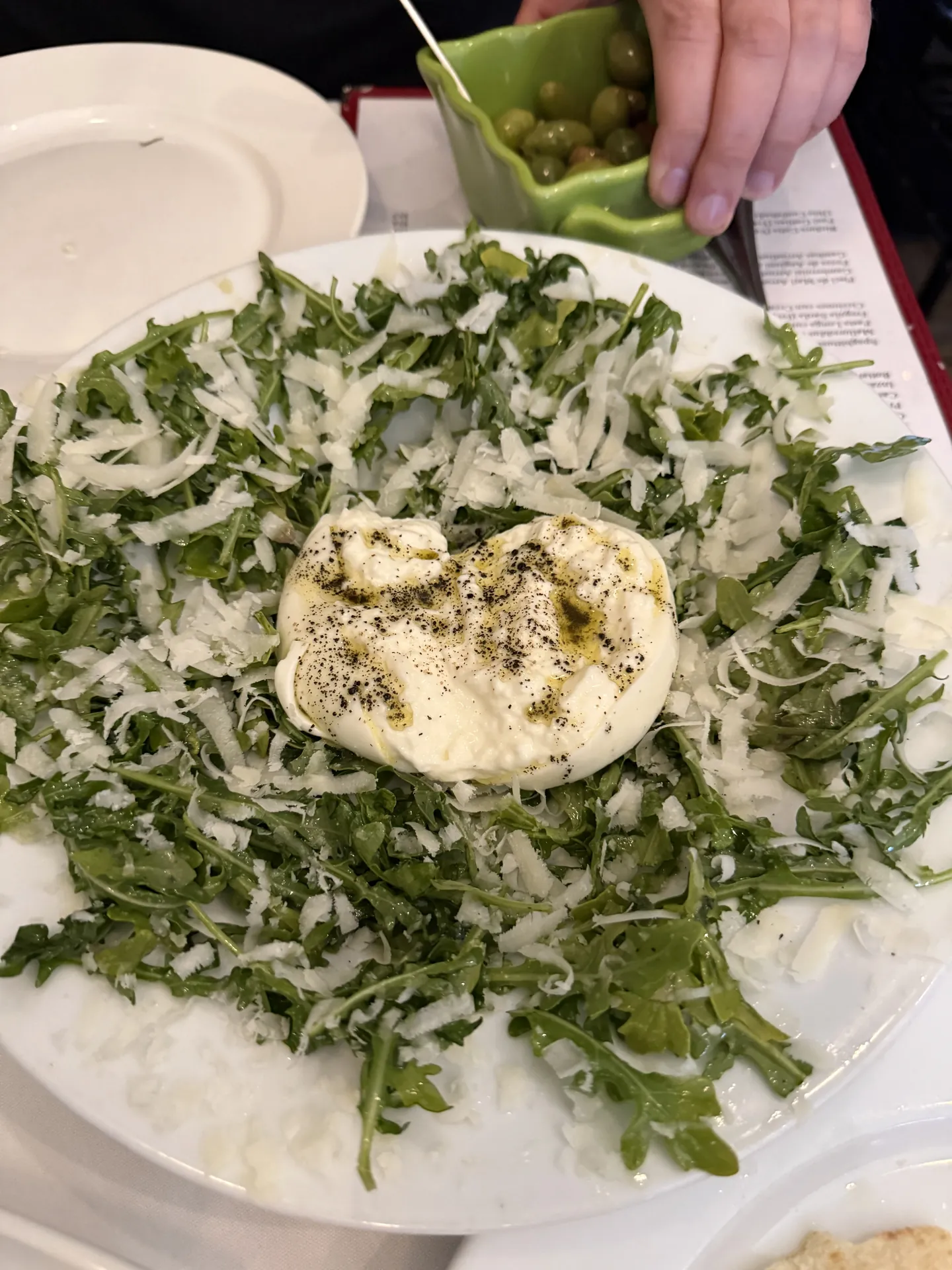 A round of burrata over dressed arugula on a white plate.