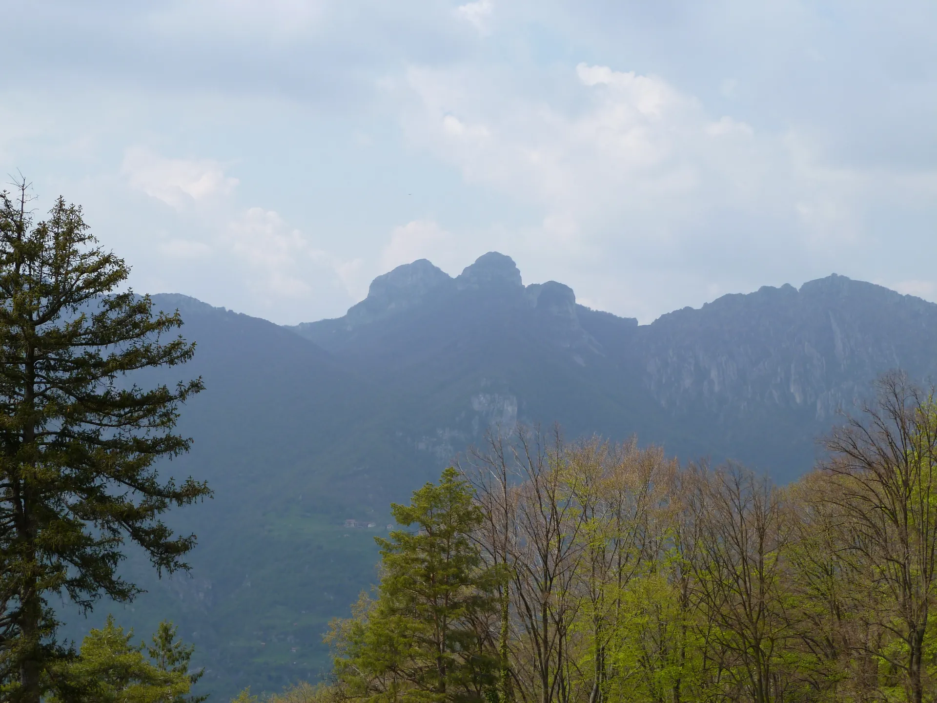 Limestone peaks rising above wooded slopes, seen from Monte Barro Regional Park.