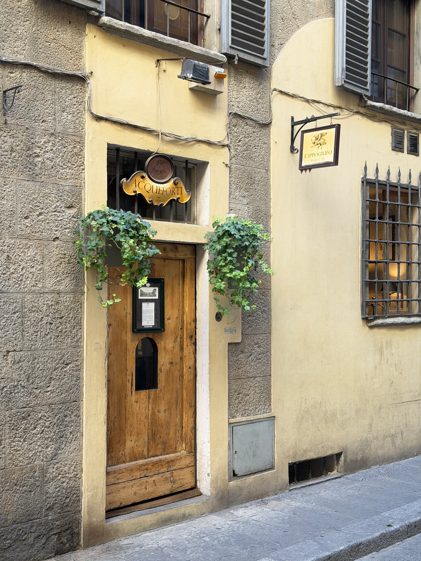 A wooden door under two hanging baskets of ivy, a gilt sign above it on the rendered wall.