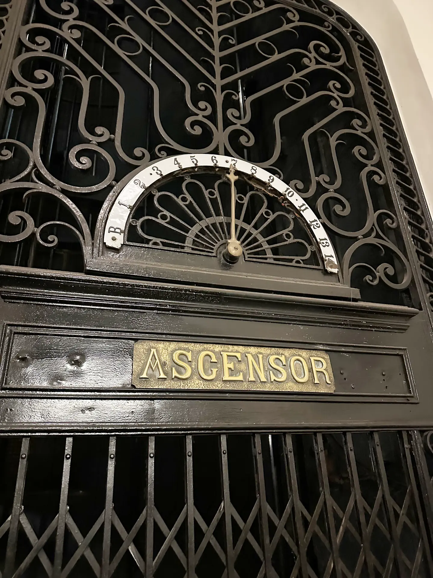 A wrought-iron lift cage with a brass ASCENSOR plate at Palacio Barolo.