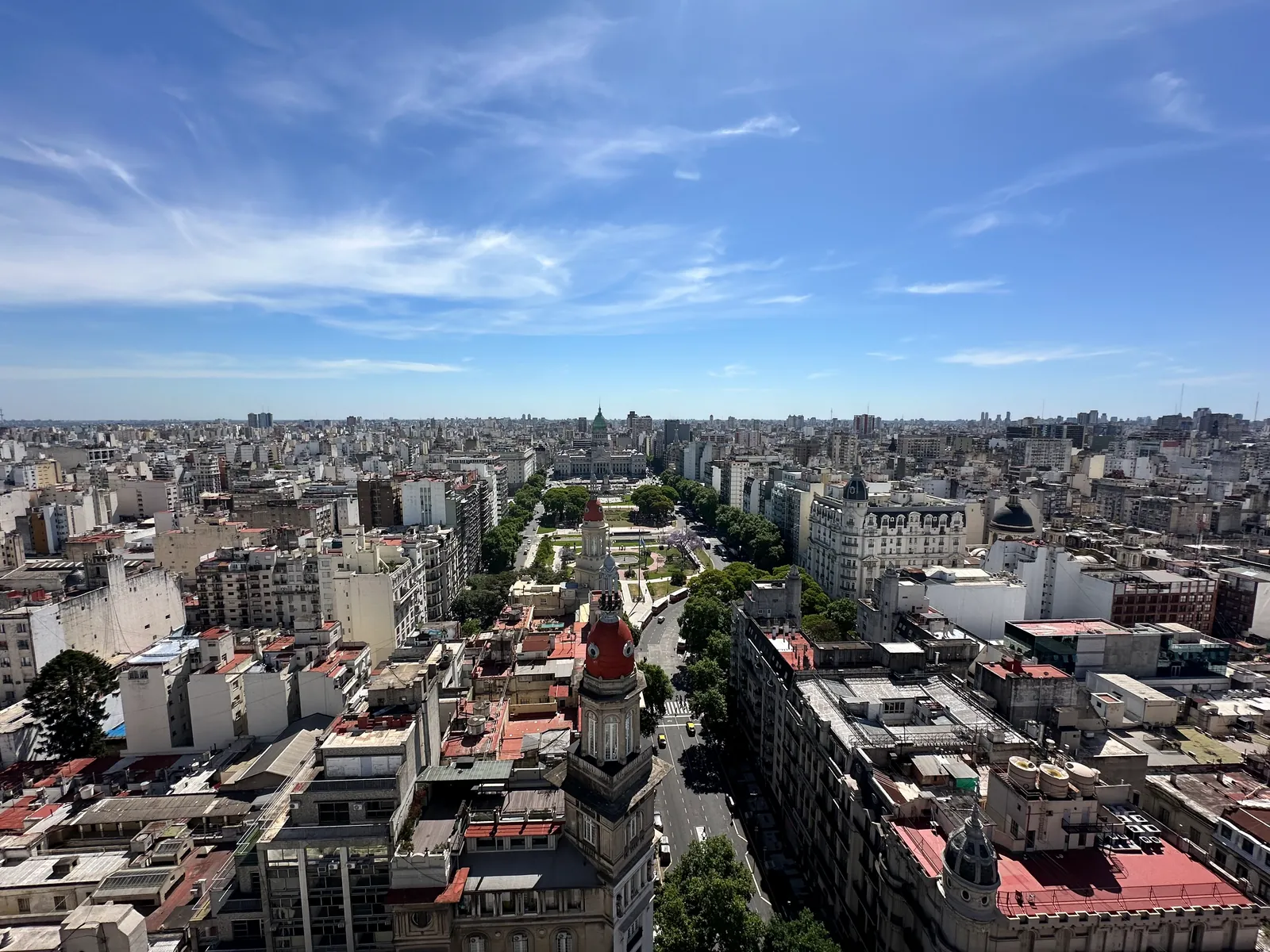 Avenida de Mayo running straight toward Plaza de Mayo seen from the top of Palacio Barolo.