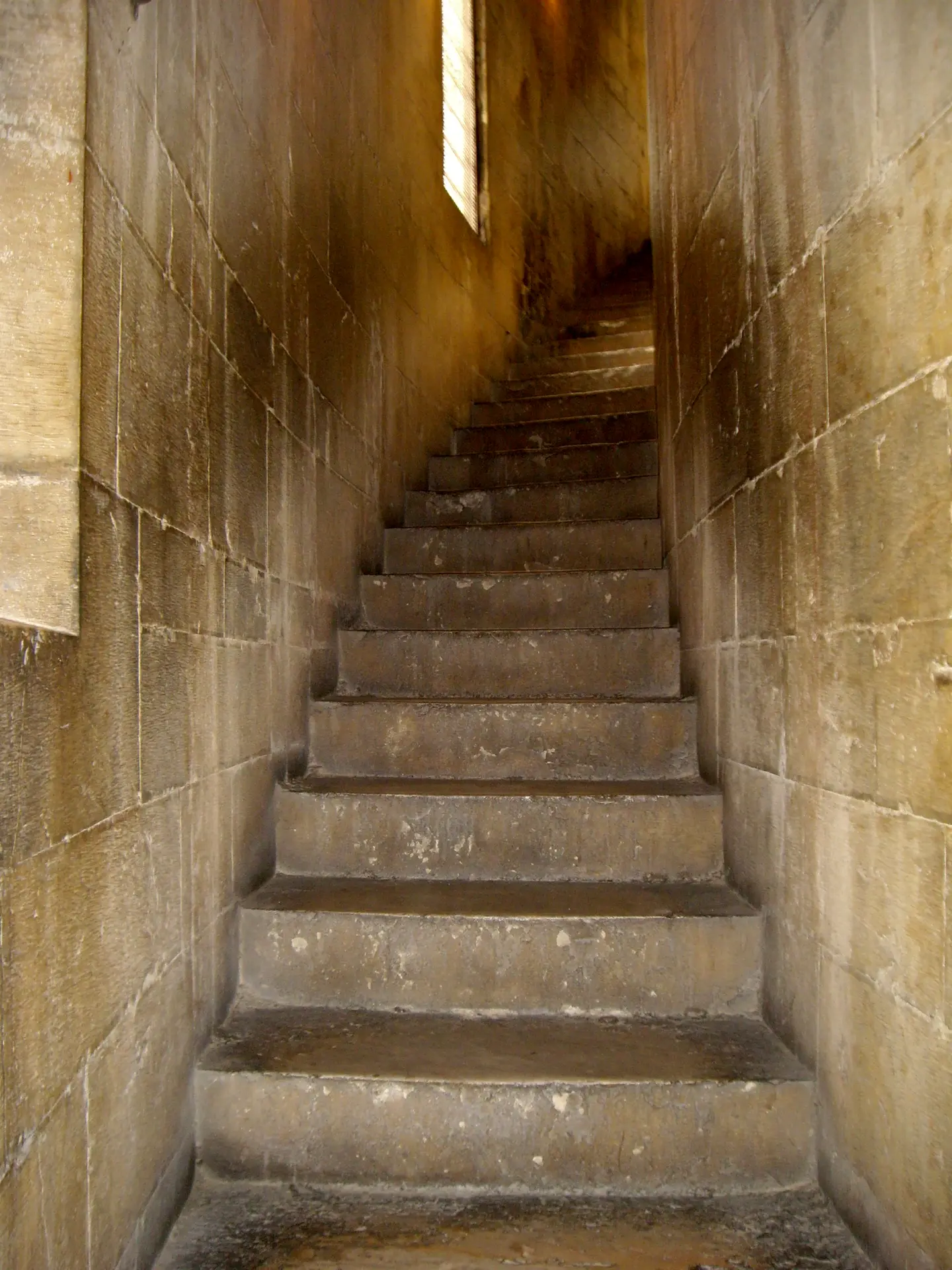 A narrow stone stairwell climbing toward daylight inside a Pisa monument