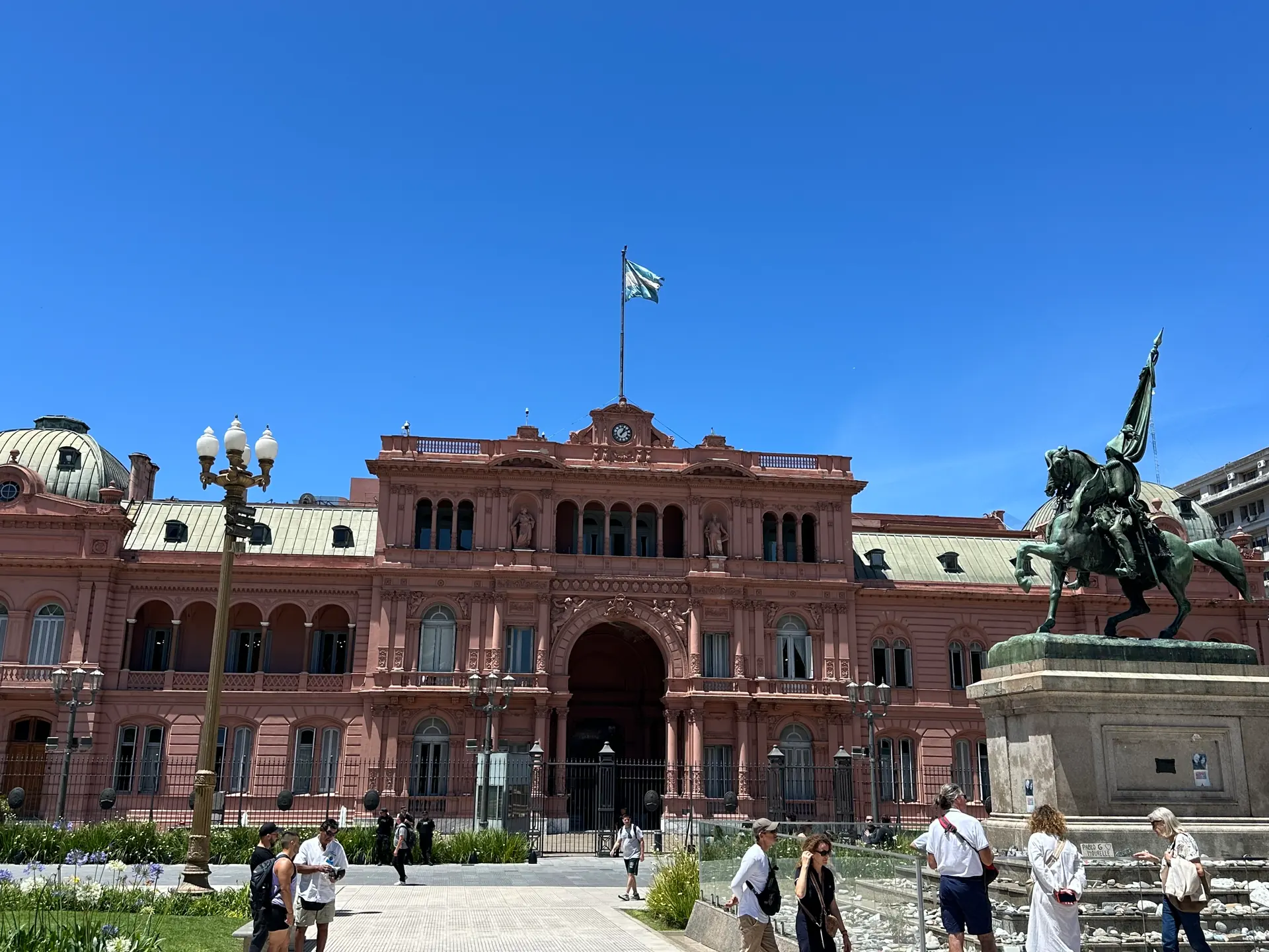 The Casa Rosada with the Belgrano equestrian statue in front of it.