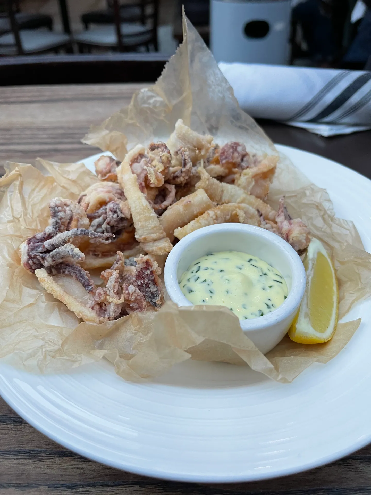 Fried calamari in a parchment-lined bowl with a dish of aioli and a lemon wedge.