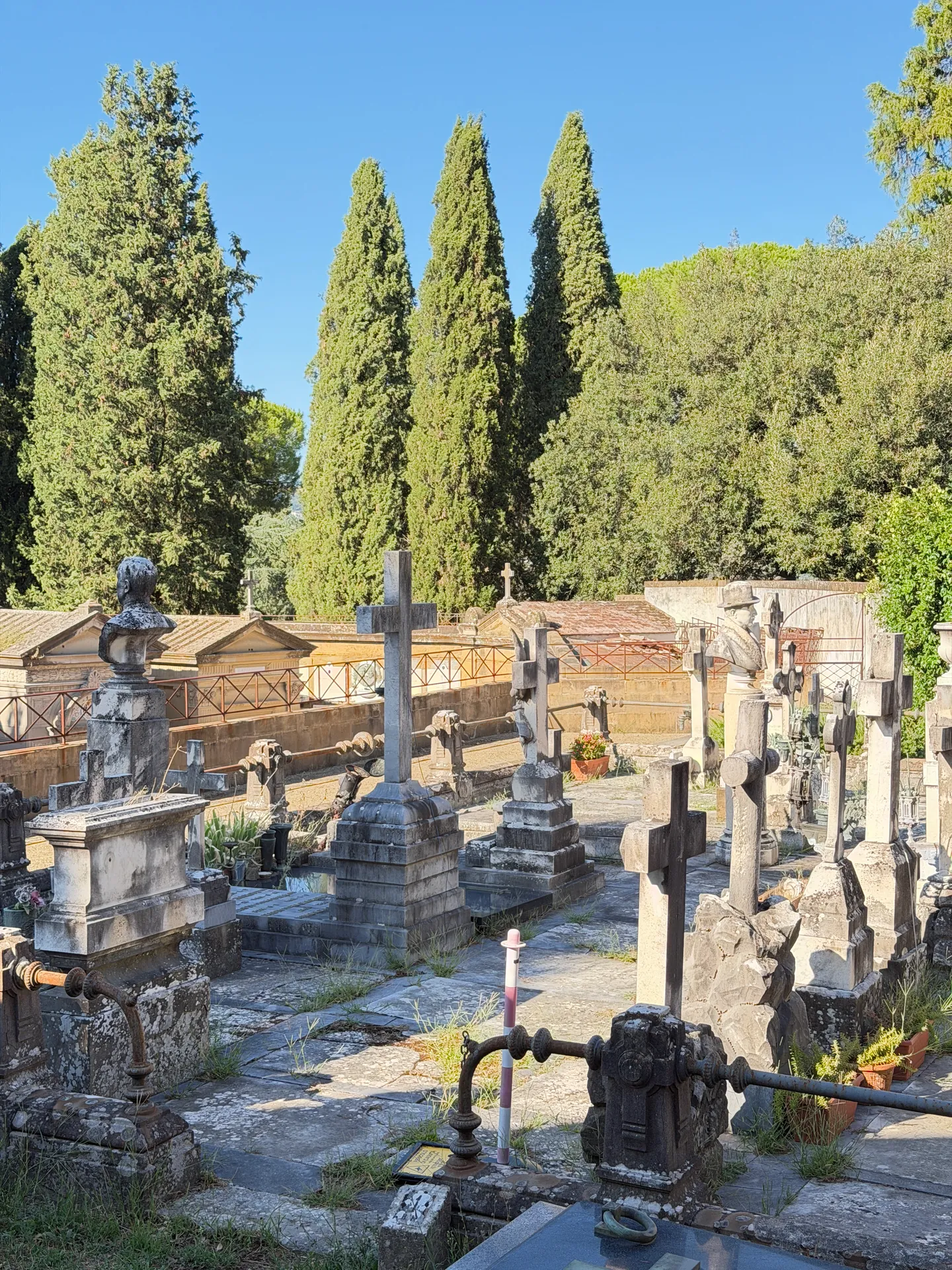 Three cypresses standing over the monuments of the Porte Sante cemetery at San Miniato.