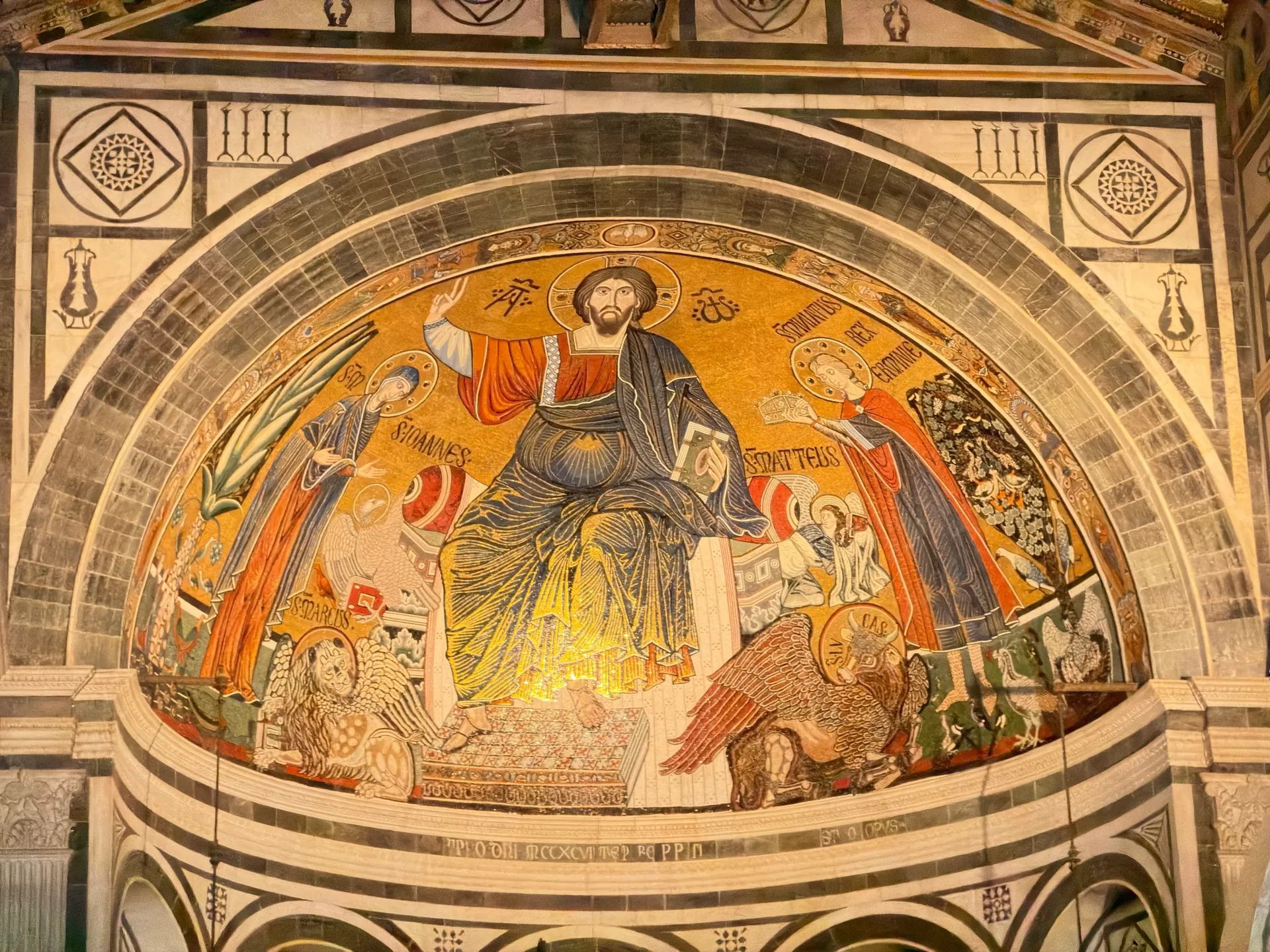 The gold apse mosaic of San Miniato: Christ enthroned between the Virgin and Saint Minias.