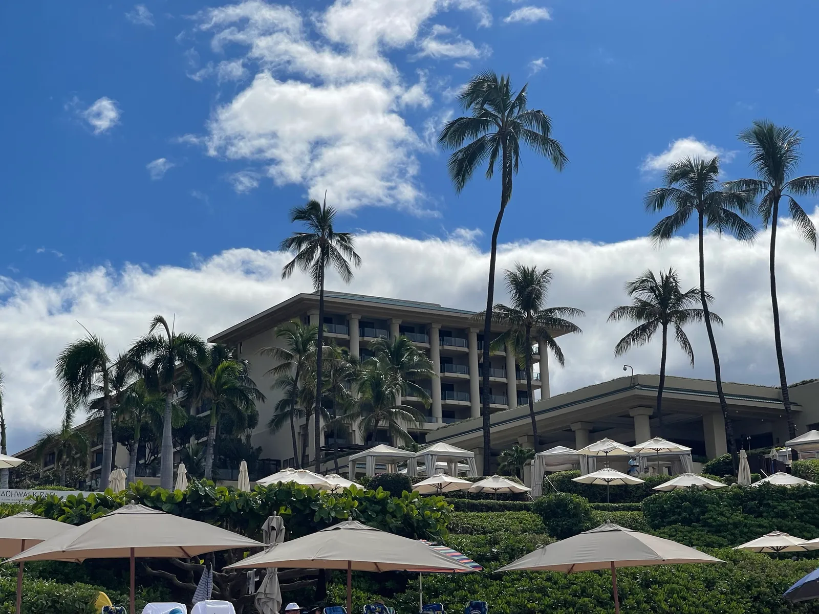 Resort building behind palms and white shade umbrellas seen from a lawn