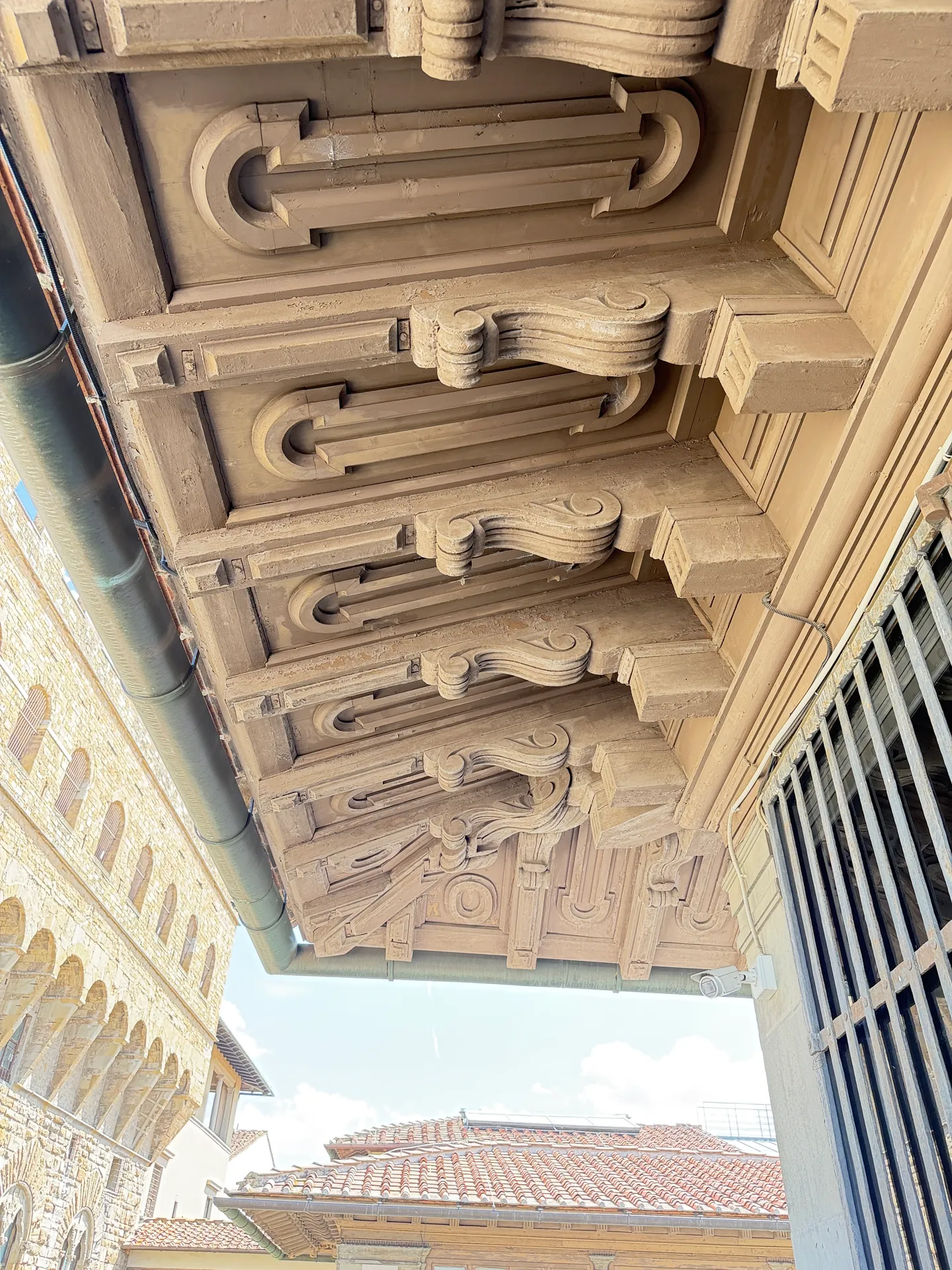 A coffered ceiling on the Uffizi terrace above the Loggia dei Lanzi.