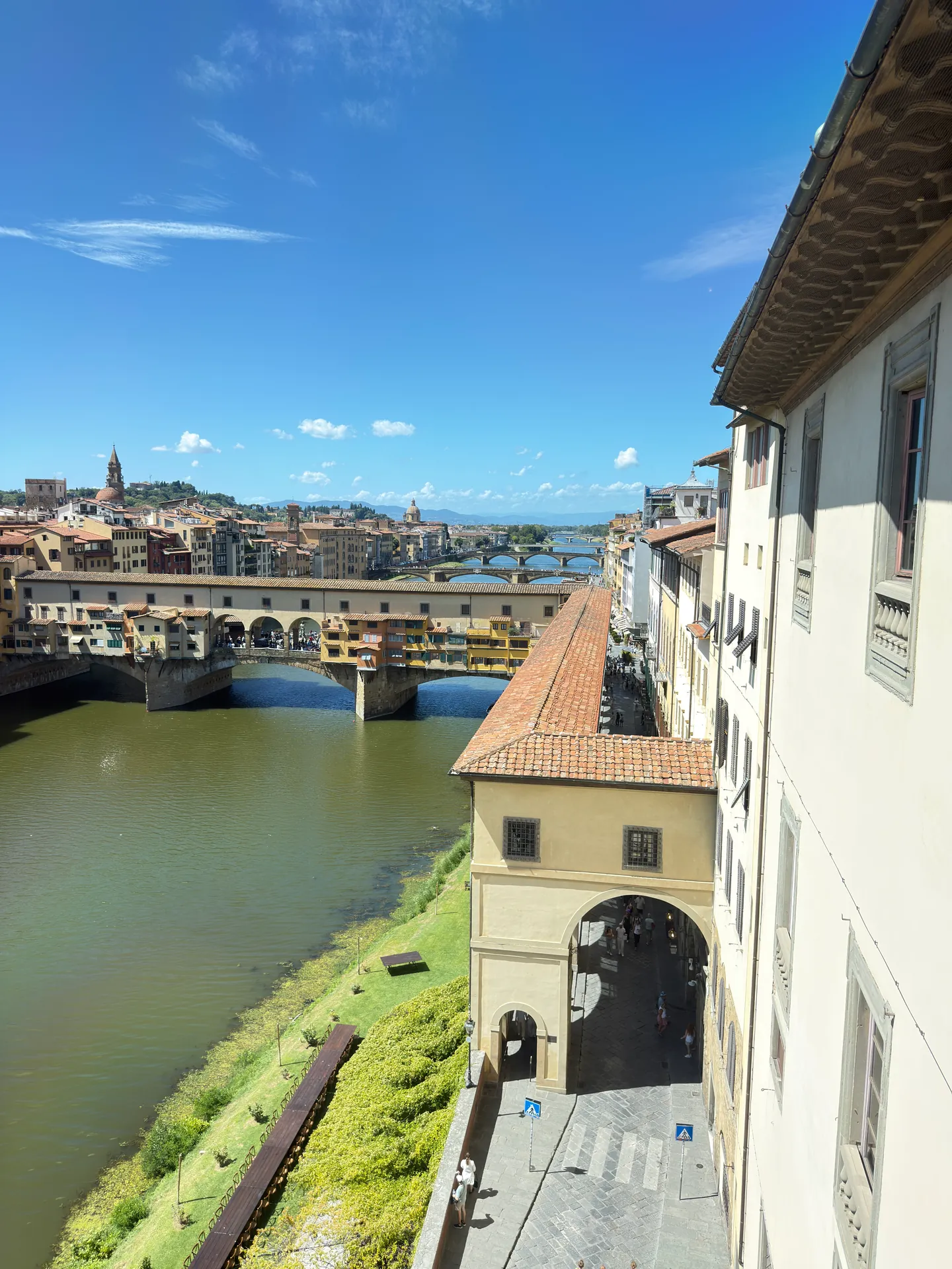 The Ponte Vecchio and the Arno seen from a west corridor window of the Uffizi.