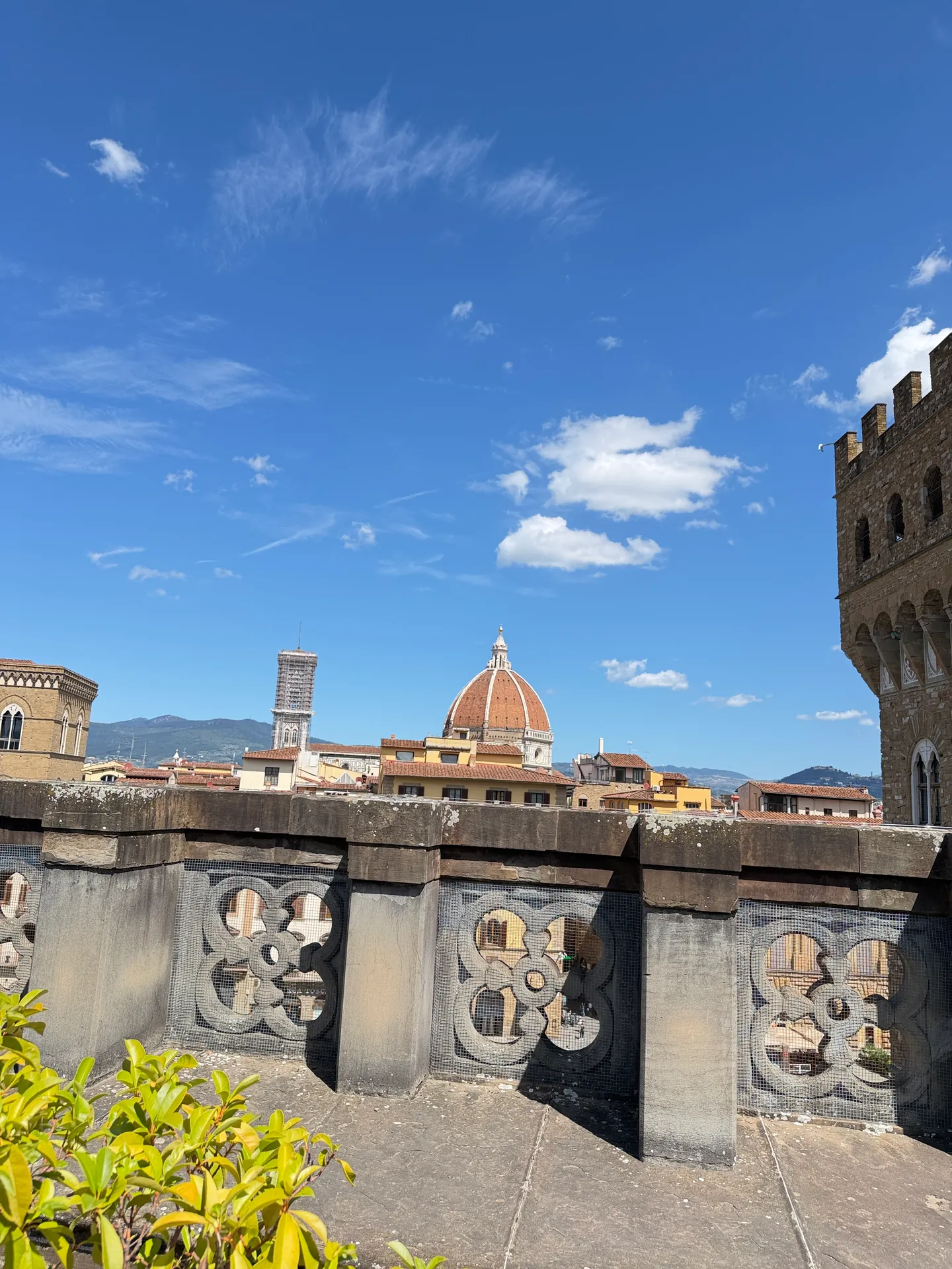 The balustrade of the Uffizi terrace above the Loggia dei Lanzi, with the Duomo rising beyond the rooftops.