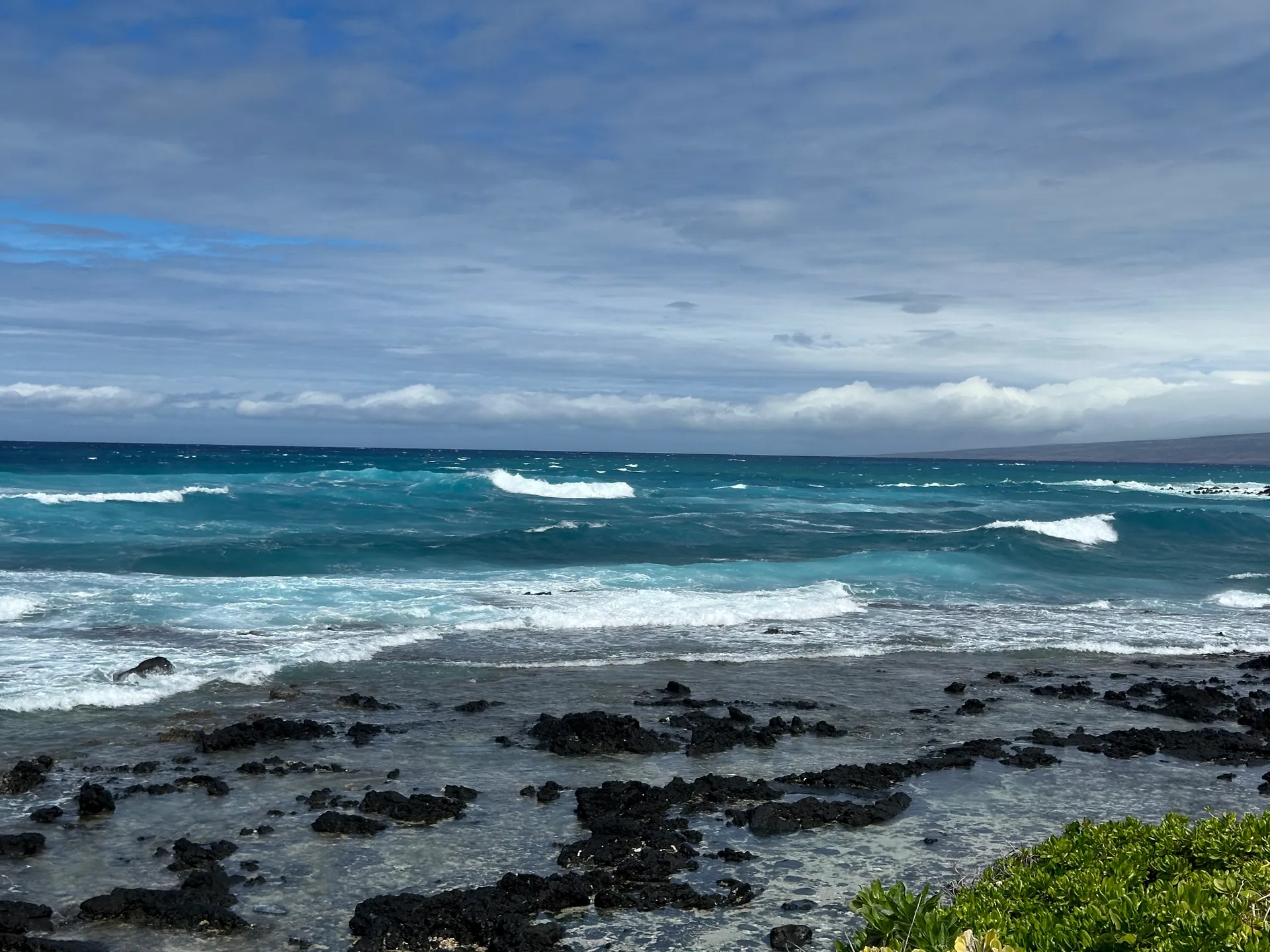 Turquoise water over a shallow black lava shelf