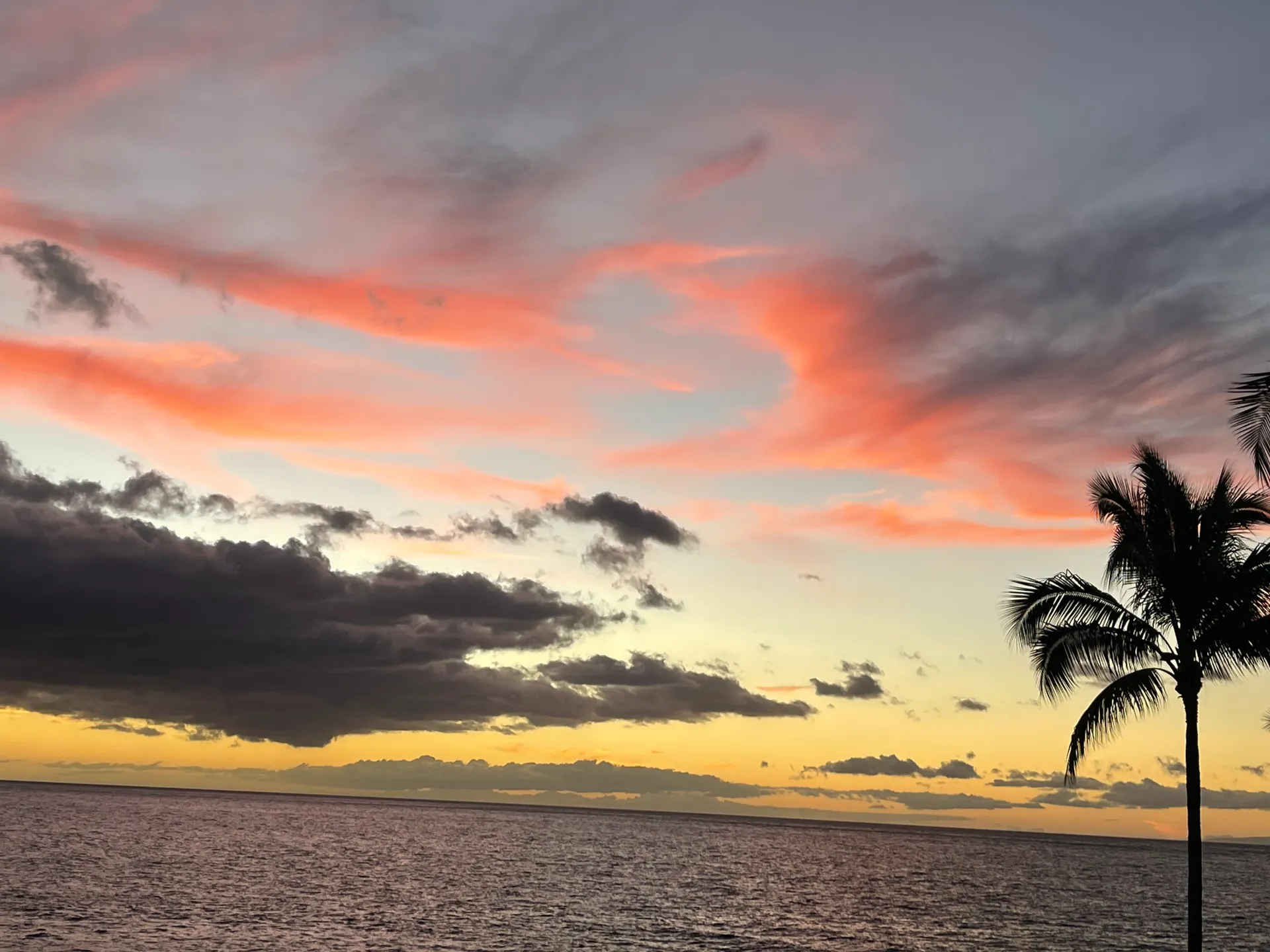 Dark cloud bank over the ocean with a coral and gold sky at sunset