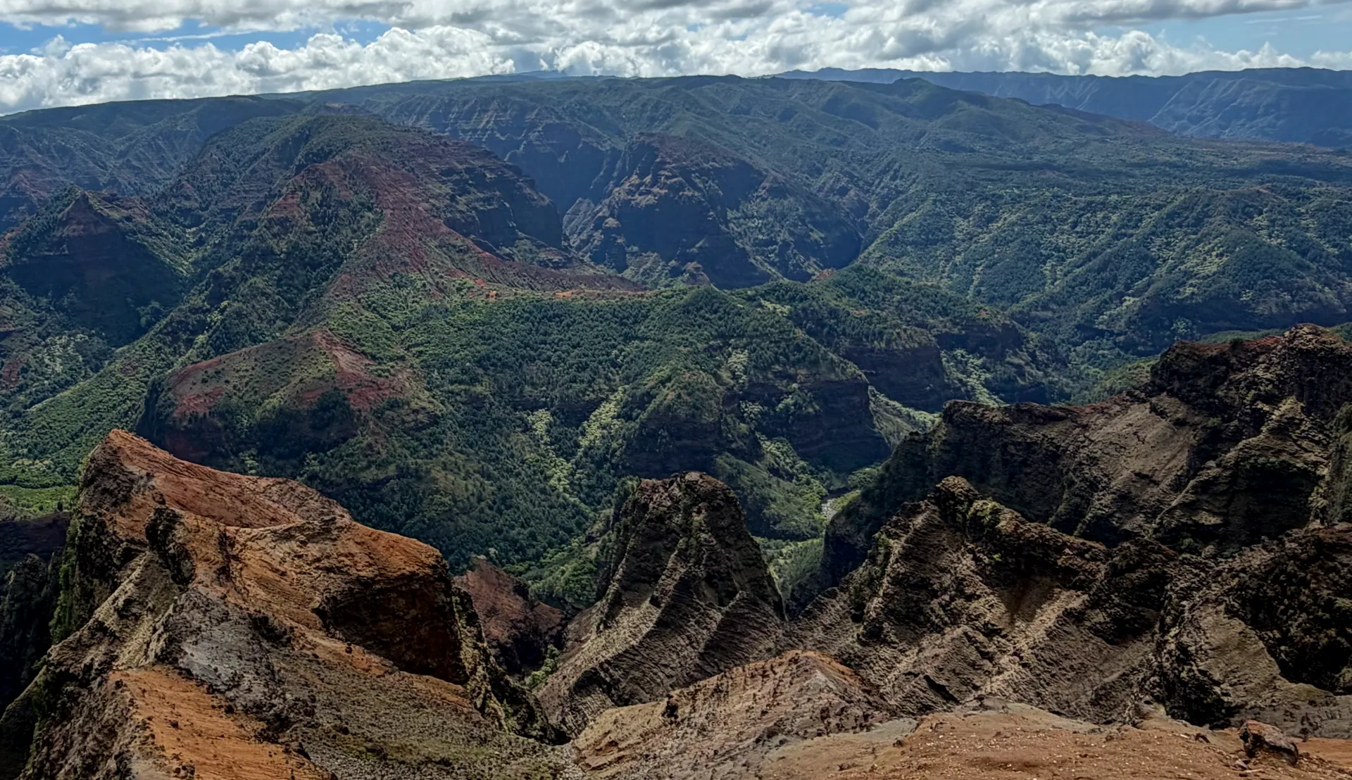 Close view of a bare red rock ridge in Waimea Canyon above a green gorge