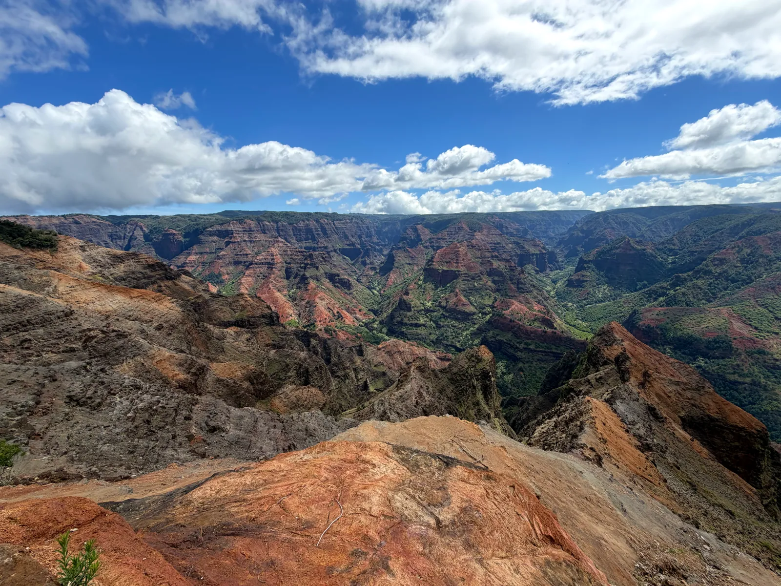 A red rock ridge extending into Waimea Canyon with green ridges beyond