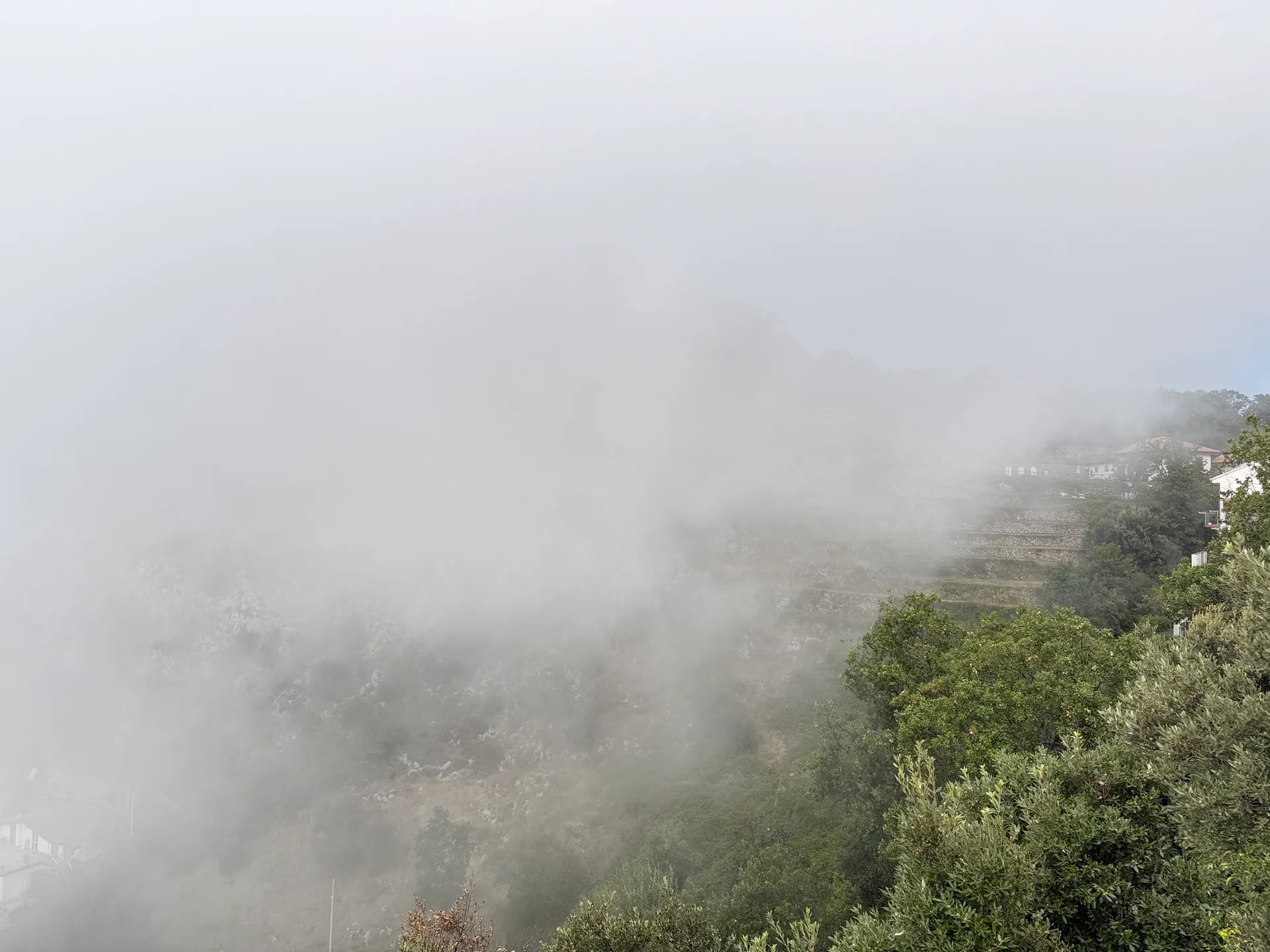 Near total white-out with a faint outline of terraces behind dense cloud