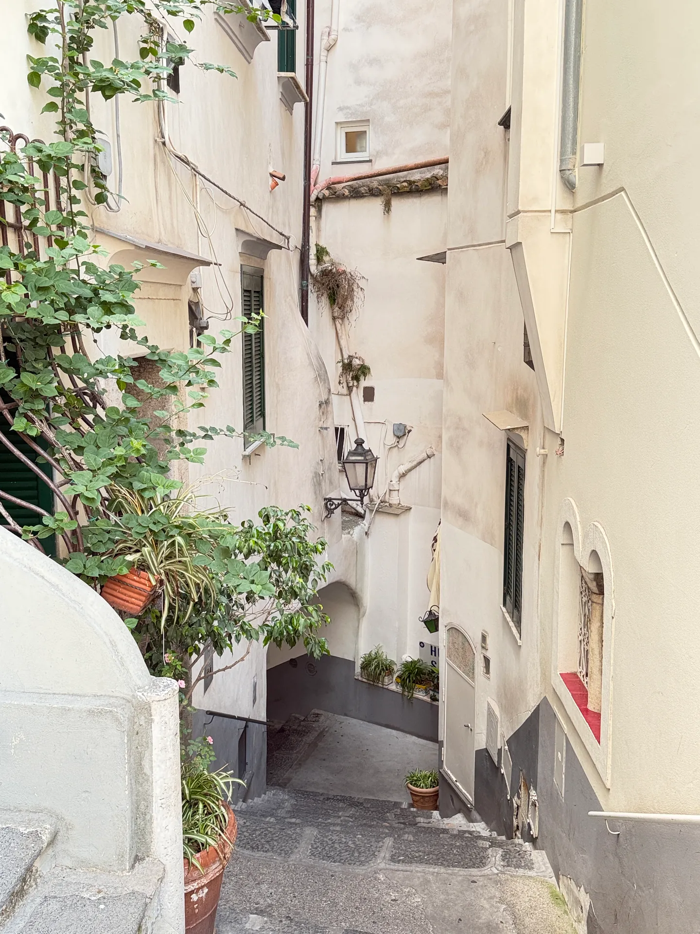 Whitewashed stepped lane between houses with potted plants and an iron lamp