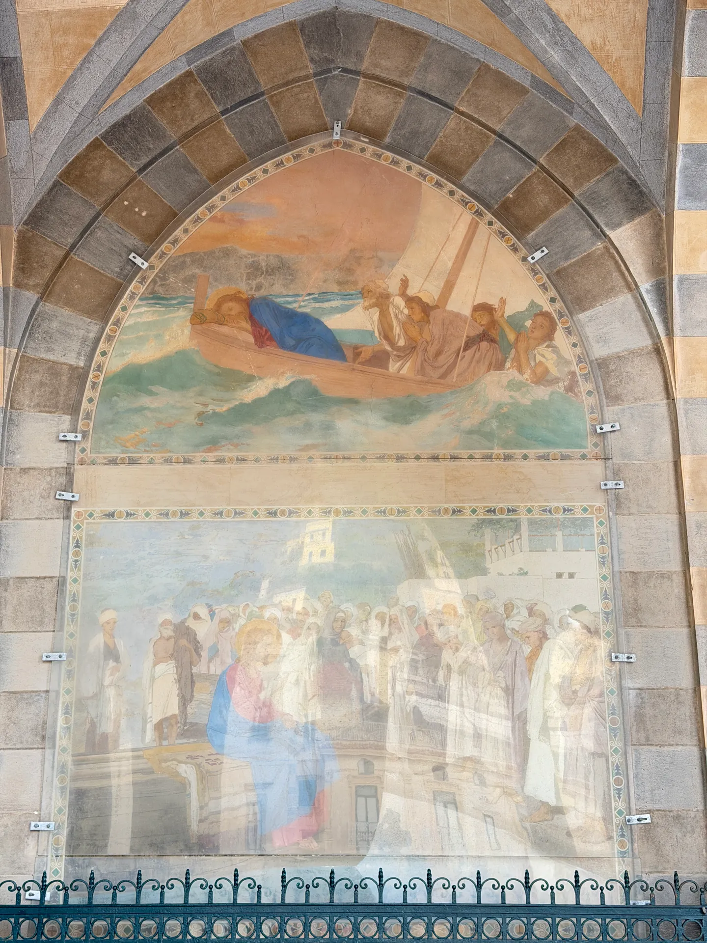 Paolo Vetri fresco of 1929 in the atrium of Amalfi cathedral, Christ asleep in a boat in a storm with frightened companions