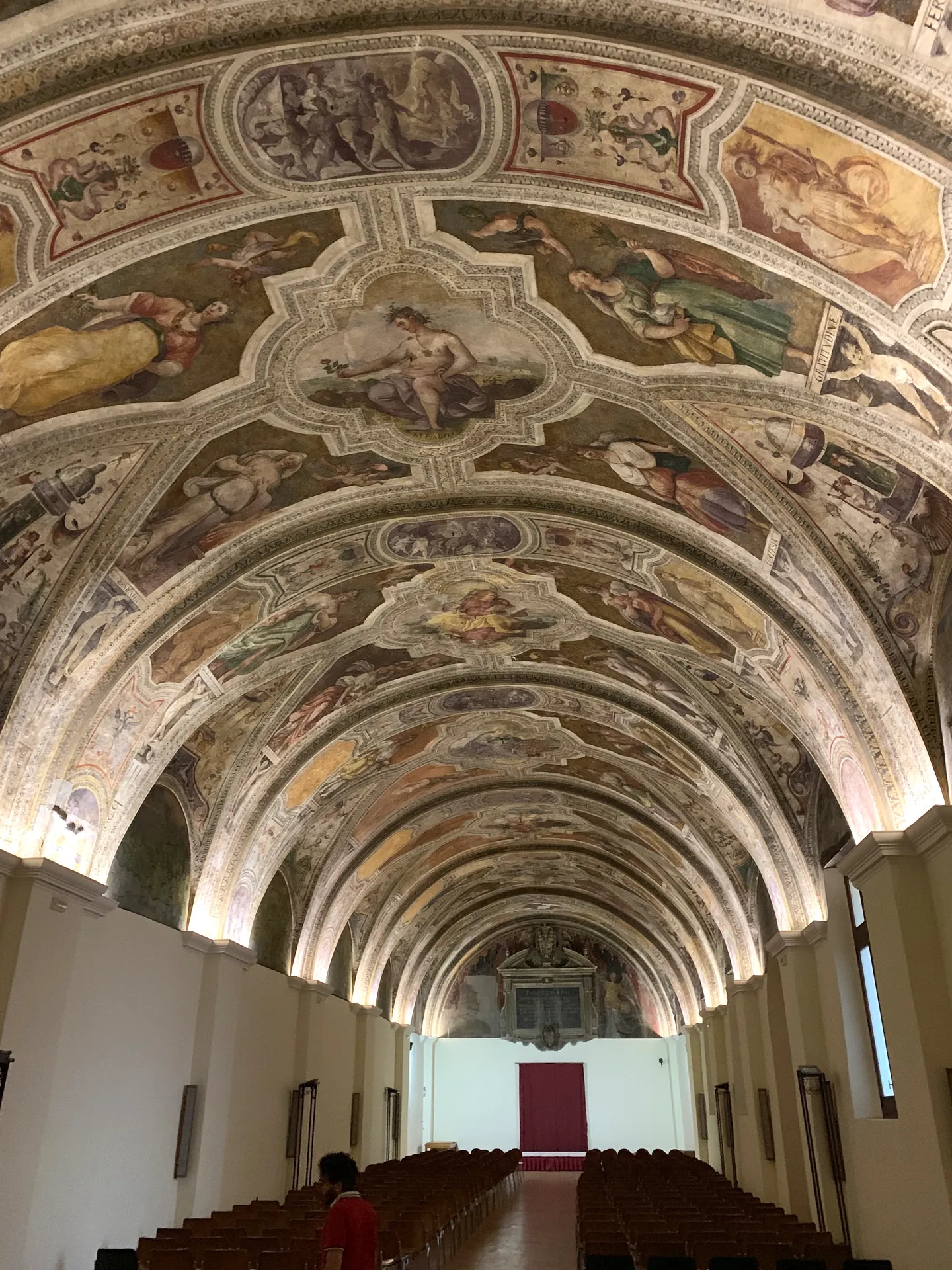 A long frescoed barrel-vaulted hall in the historic centre of Naples